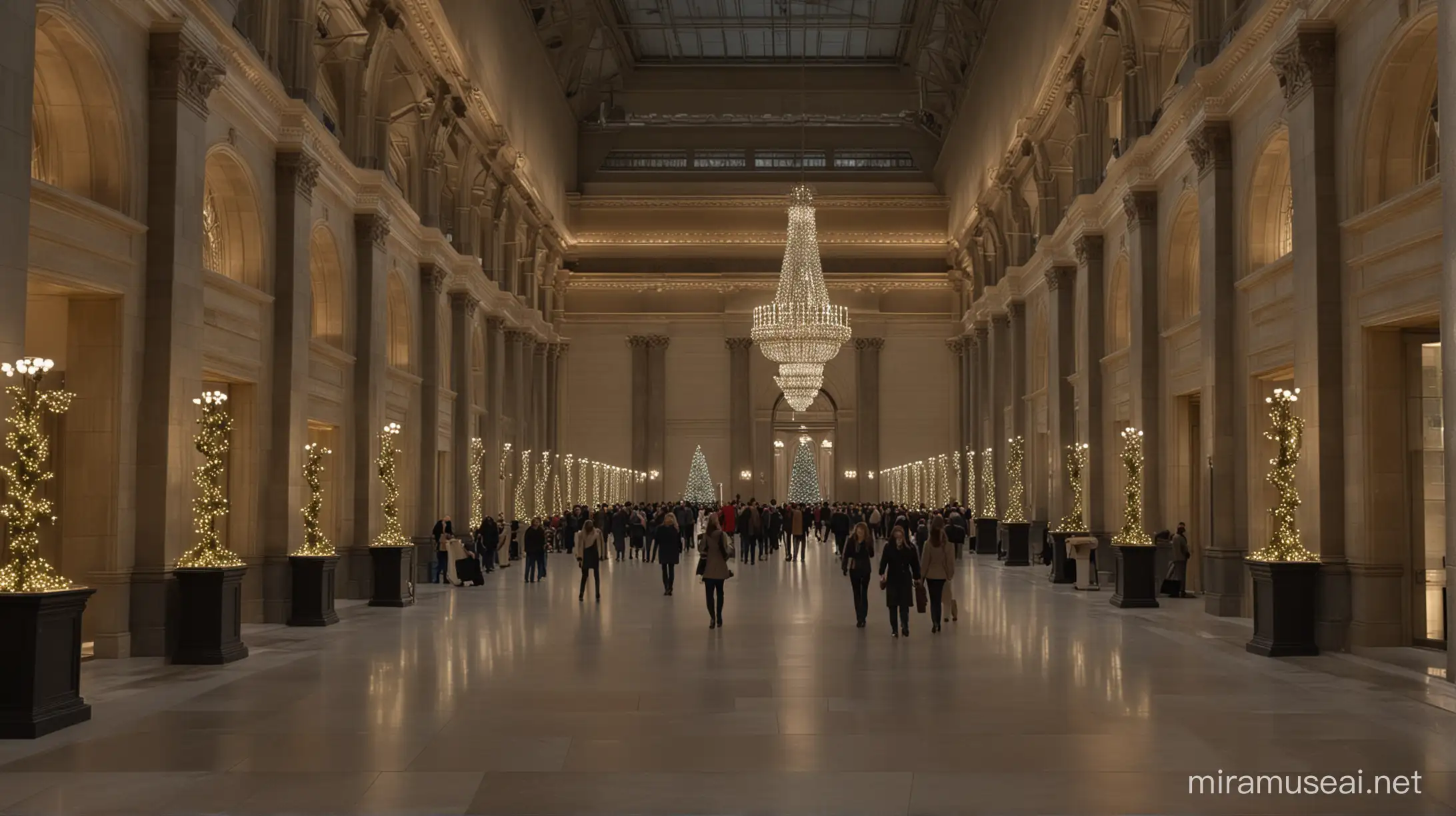 the main lobby of the metropolitan museum at christmas party, dim lights, luxury, photorealistic