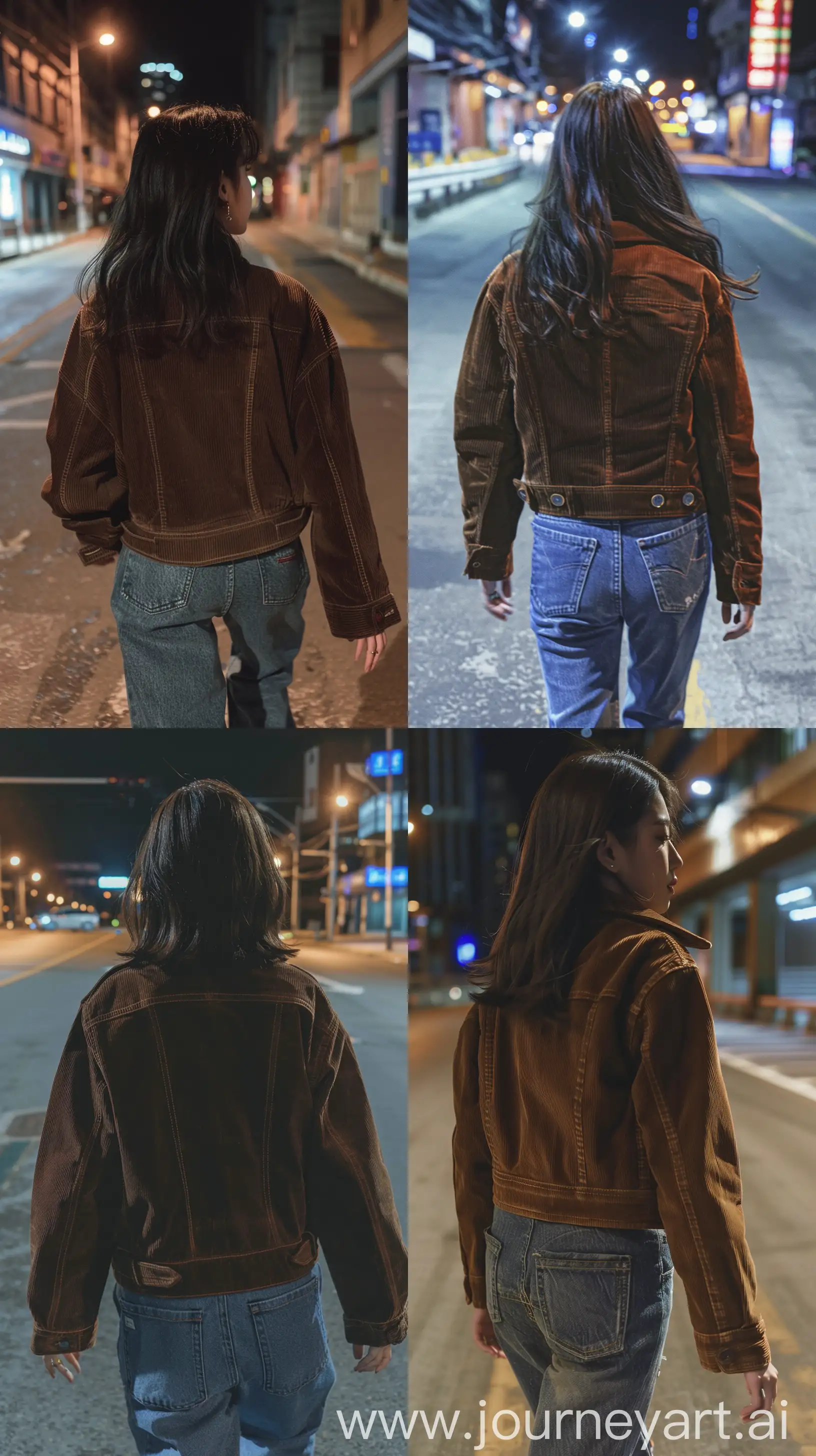 aestethic selfie, blackpink's jennie wearing brown corduroy  jacket and jeans pants, medium hair, walking on a empty street, night times, back body, --ar 9:16