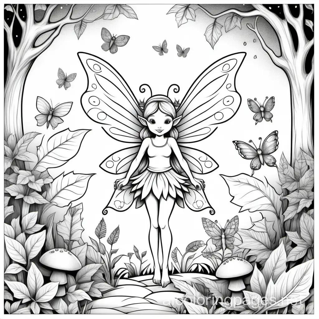 A fairy with leaf-shaped wings, surrounded by small woodland creatures., Coloring Page, black and white, line art, white background, Simplicity, Ample White Space. The background of the coloring page is plain white to make it easy for young children to color within the lines. The outlines of all the subjects are easy to distinguish, making it simple for kids to color without too much difficulty
