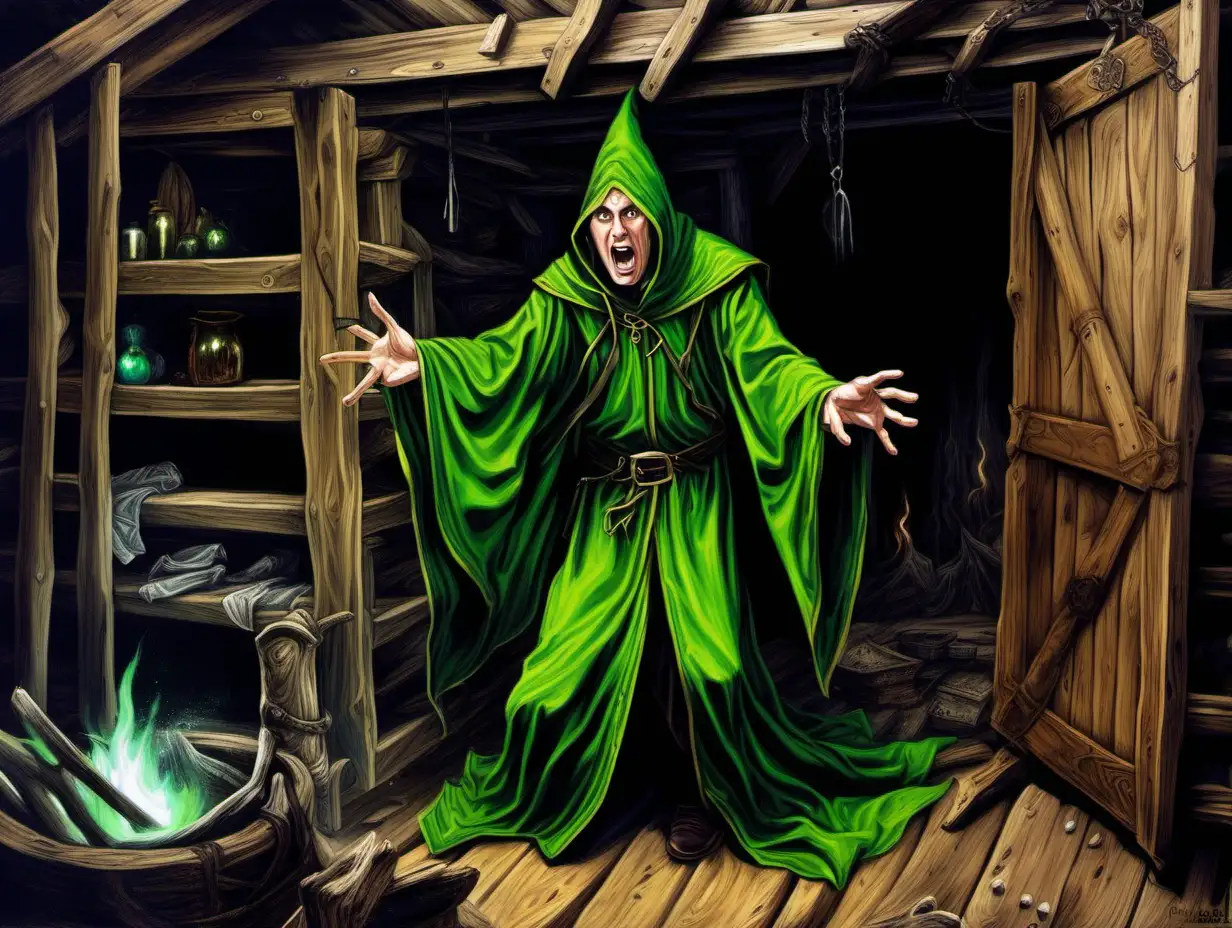 elf, green wizard robes, going crazy, psychotic episode, alone in a wooden shack, Medieval fantasy painting, MtG art