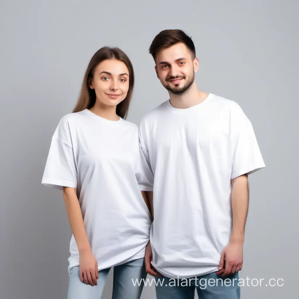 влюбленные парень 30  лет и девушка 25 лет в белых футболках оверсайз без рисунков, футболки видны полностью