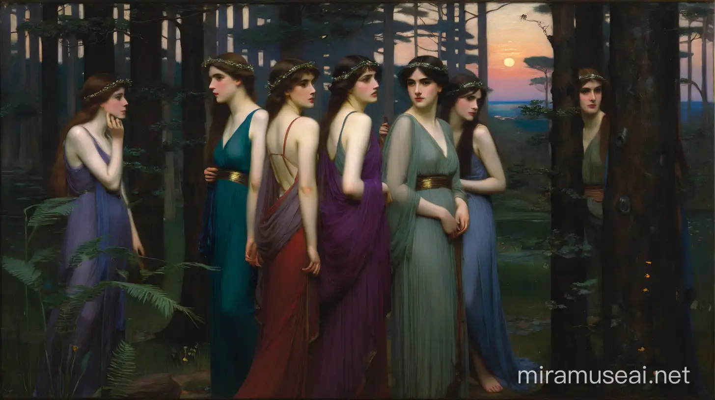 five muses in an anchanted forest at twilight.. John William Waterhouse}