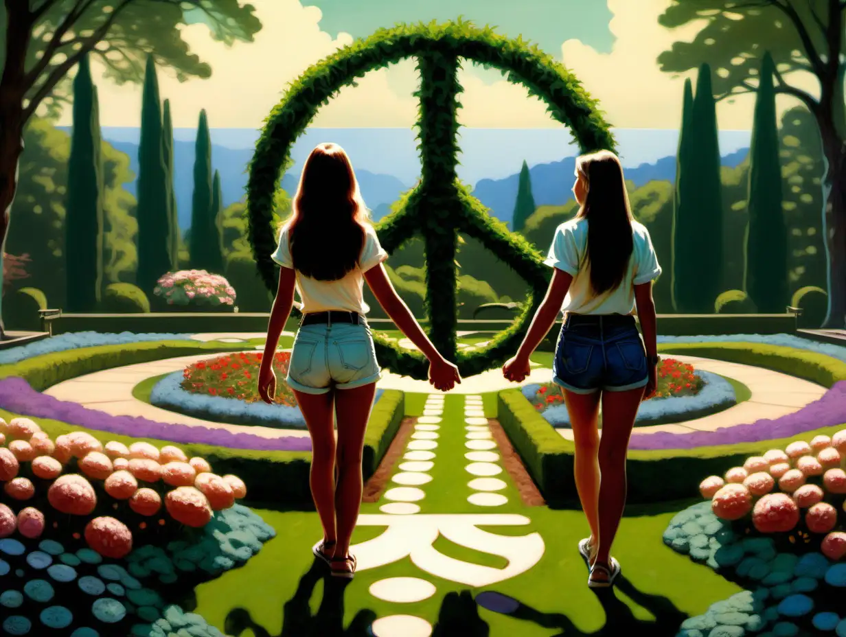 two teenagers holding hands overlooking a beautiful garden designed to look like a peace sign Frank Frazetta style