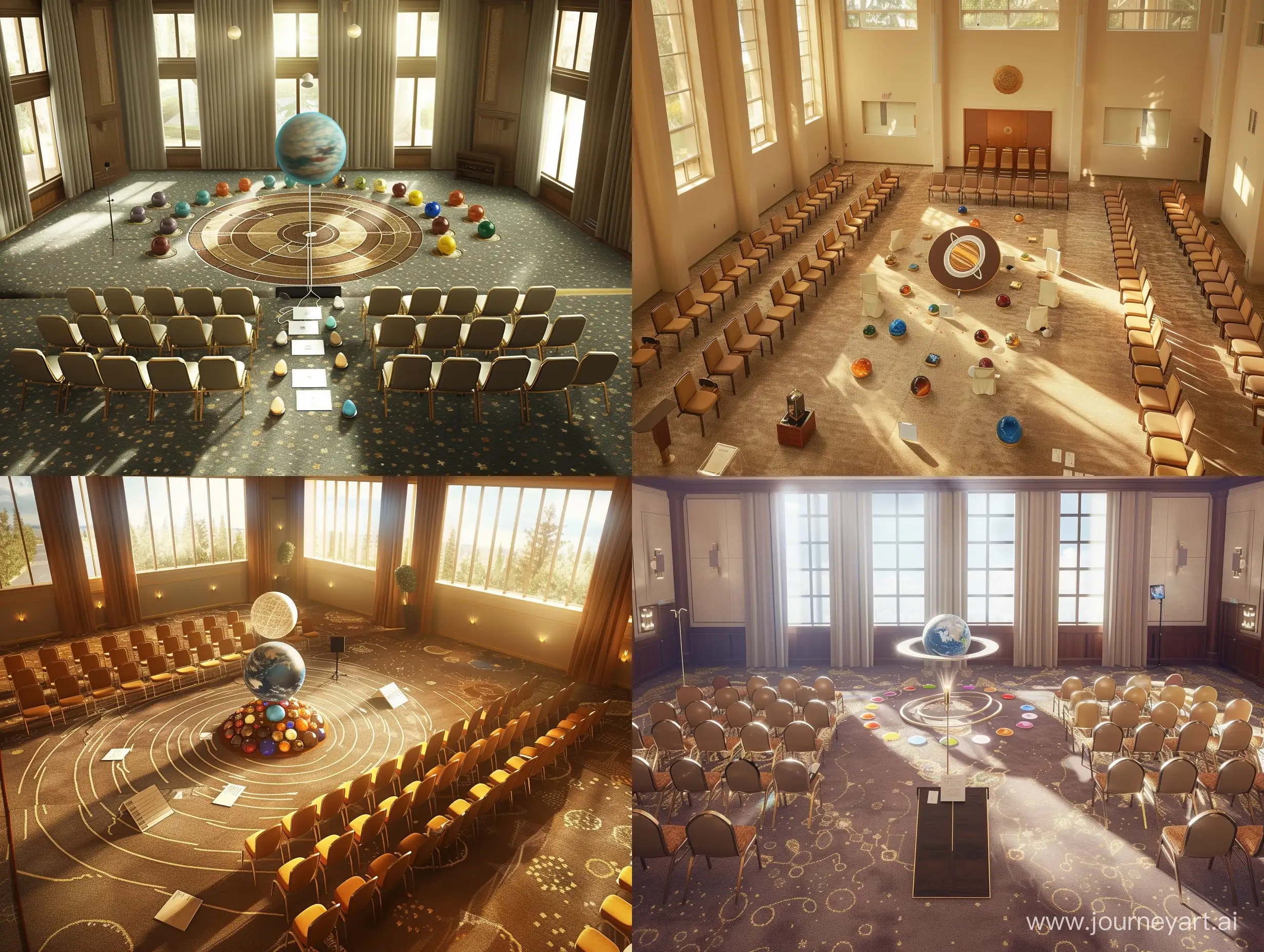A very nice large room of 3x4 ratio with some nice windows and a very nice carpet and 52 nice chairs with a nice arrangement. There is a small card on each seat. In the middle of the room is the solar system with 12 planets in the shape of diamond, ruby, emerald, amber, agate, jade, turquoise, agate, lapis lazuli, pearl and topaz. A little higher in the solar system is a place with a microphone for talking --v 6 --ar 4:3 --no 554