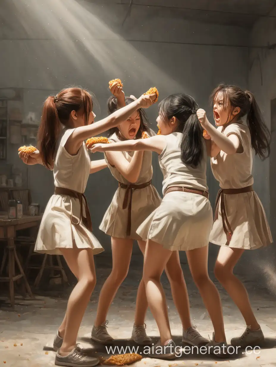 4 girl fighting for food