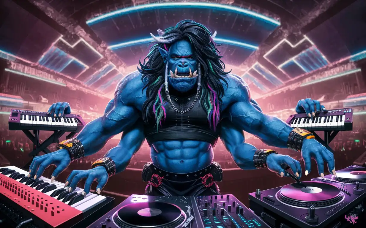 bulky hypermuscular fantasy humanoid male, blue-skinned orc space alien dj, wavy long black hair with wildly dyed streaks, four arms, playing keyboards, scratching turntables, wearing black techwear with neon raver accessories, vaporwave concert ambient lighting, panoramic vibrant animation character painting splash
