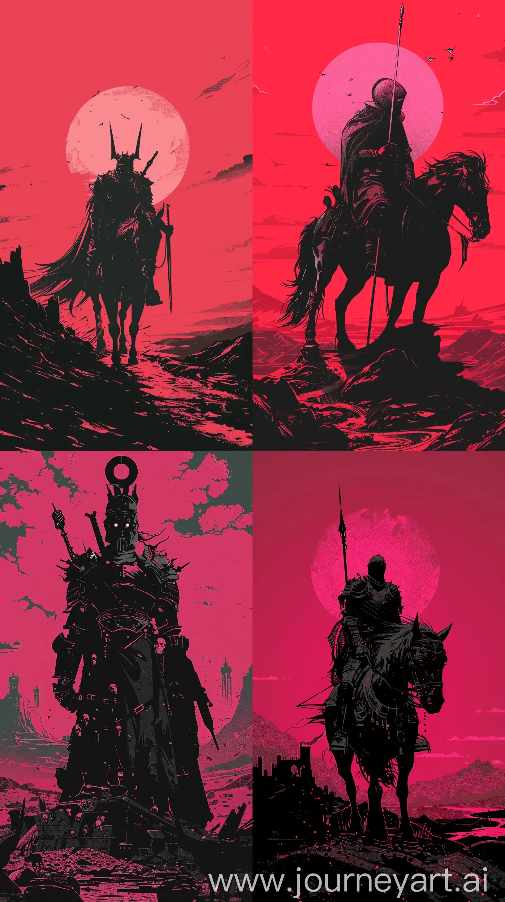 Depict a reimagined version of one of the Four Horsemen of the Apocalypse, adhering to Mignola's aesthetic. The character should be striking, with solid blacks and a minimalistic approach, set against a landscape that reflects the horseman's domain, whether it be war, famine, pestilence, or death. 8k uhd Maximalist Details, phone wallpaper, pink , --ar 9:16