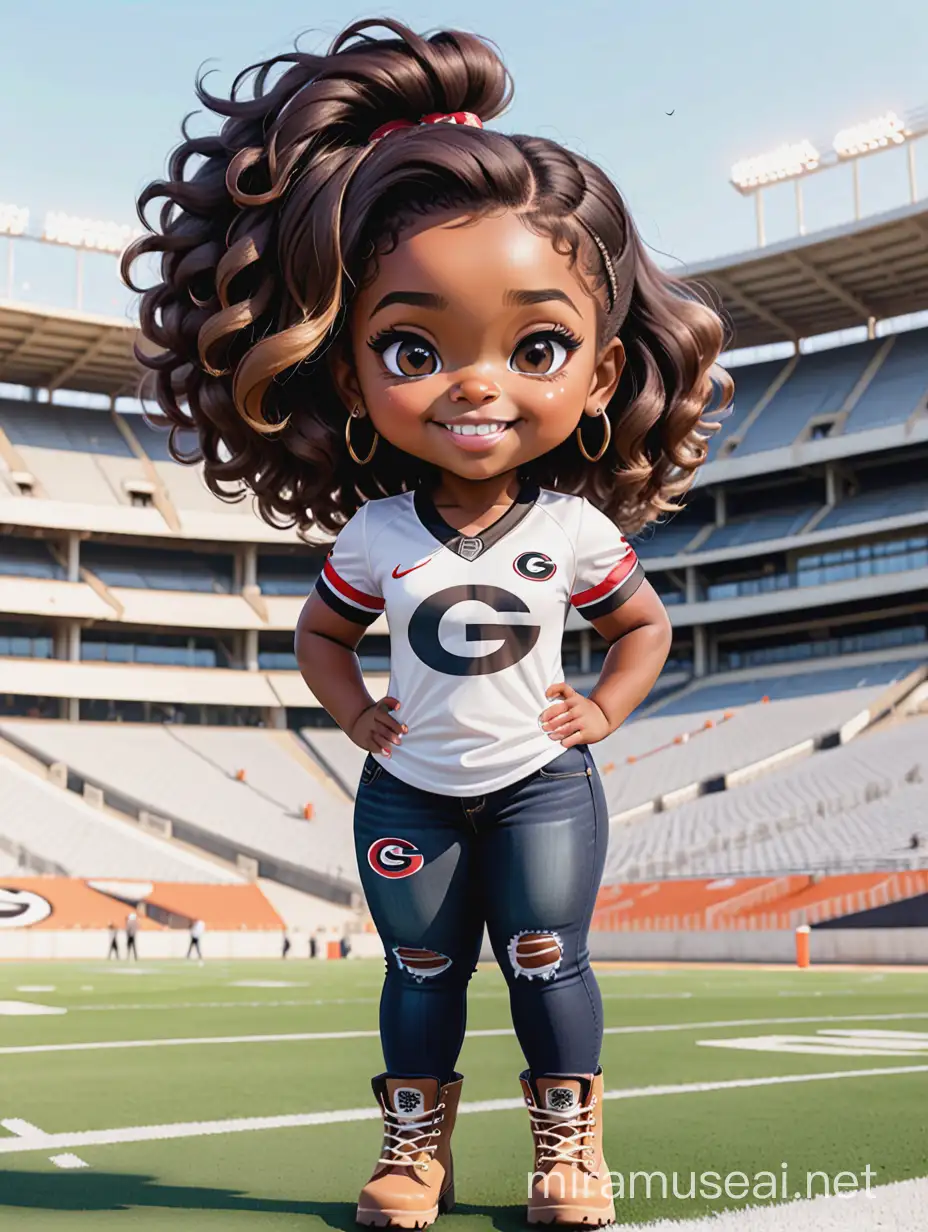 A sassy thick-lined watercolor cartoon image of a black chibi girl standing in front of a football stadium. She is wearing a Georgia Bulldogs football jersey with tight white jeans and timberland boots. behind her curvy body. Looking up coyly, she grins widely, showing sharp teeth. Her poofy hair forms a mane framing her confident, regal expression. Prominent makeup with hazel eyes. Hair is highly detailed.
