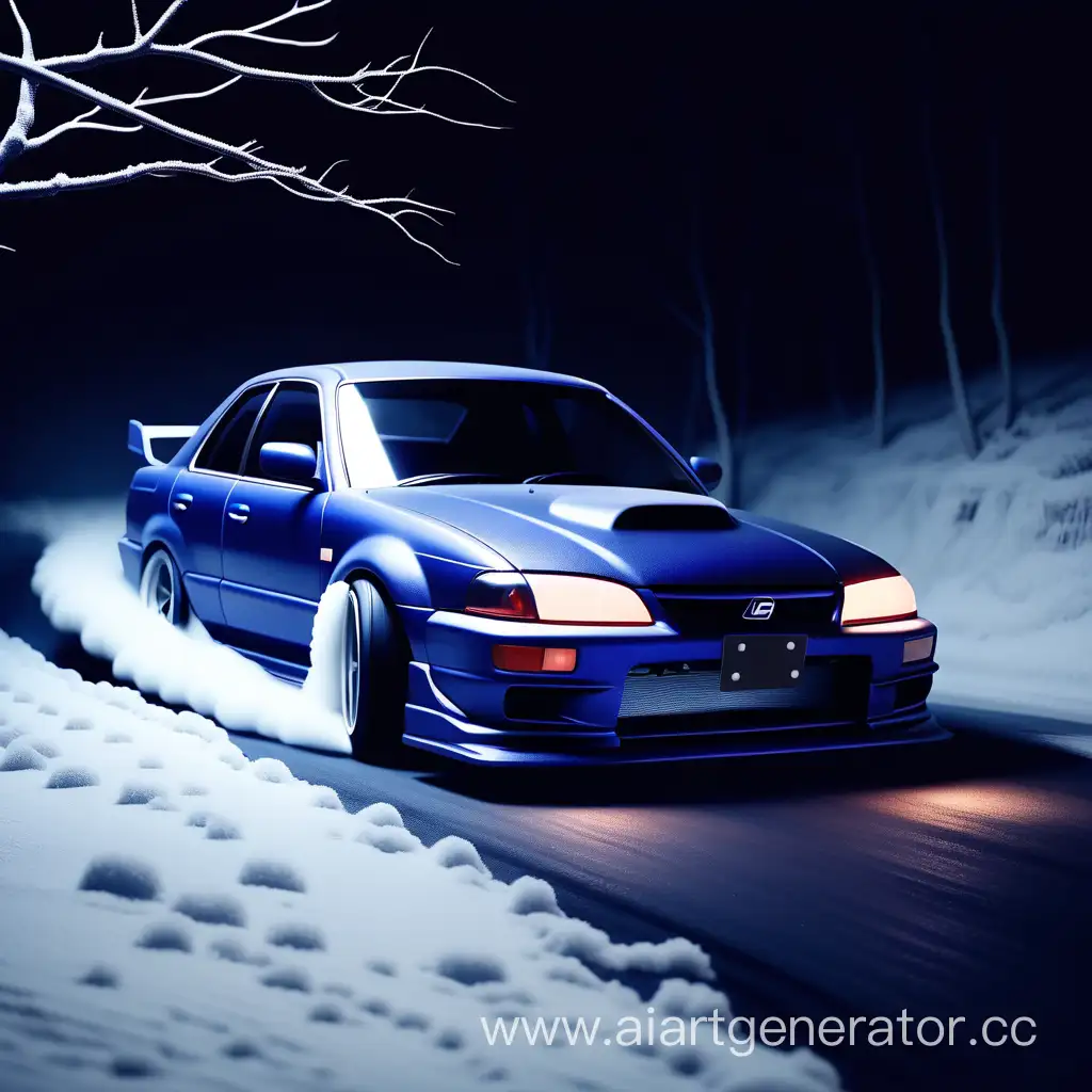 японская машина дрифтит в темноте зимой, темно-синие тона