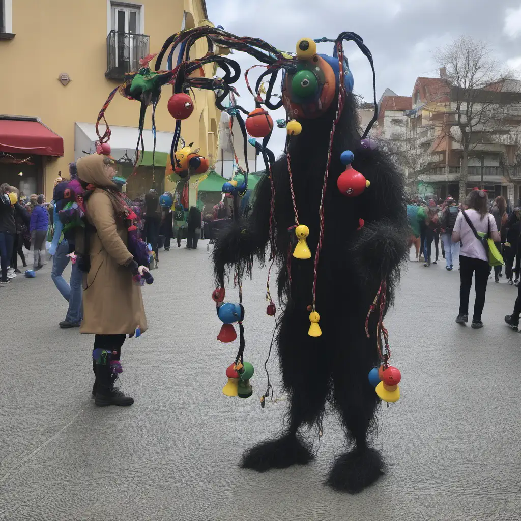carnavalesque creature with hanging bells and knots and electronic parts 
