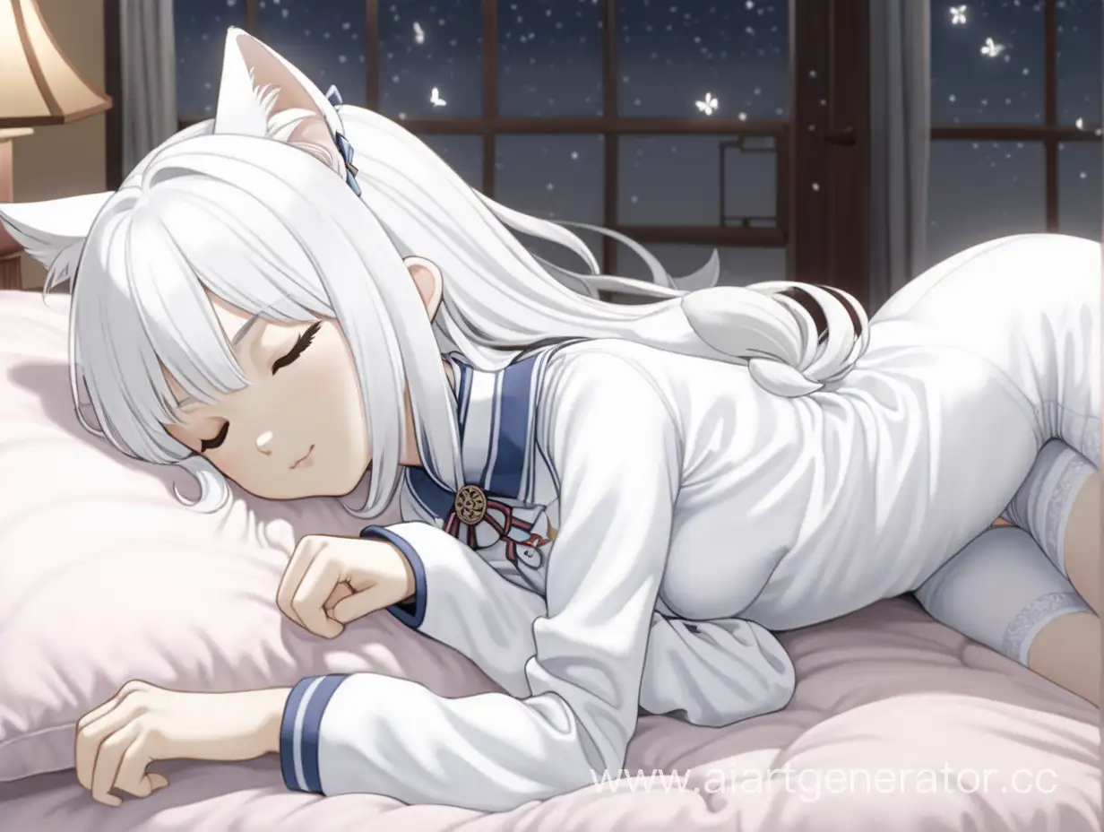 A catgirl in white pantyhose, with white hair, lying on the bed, sleeping softly, Japanese anime.