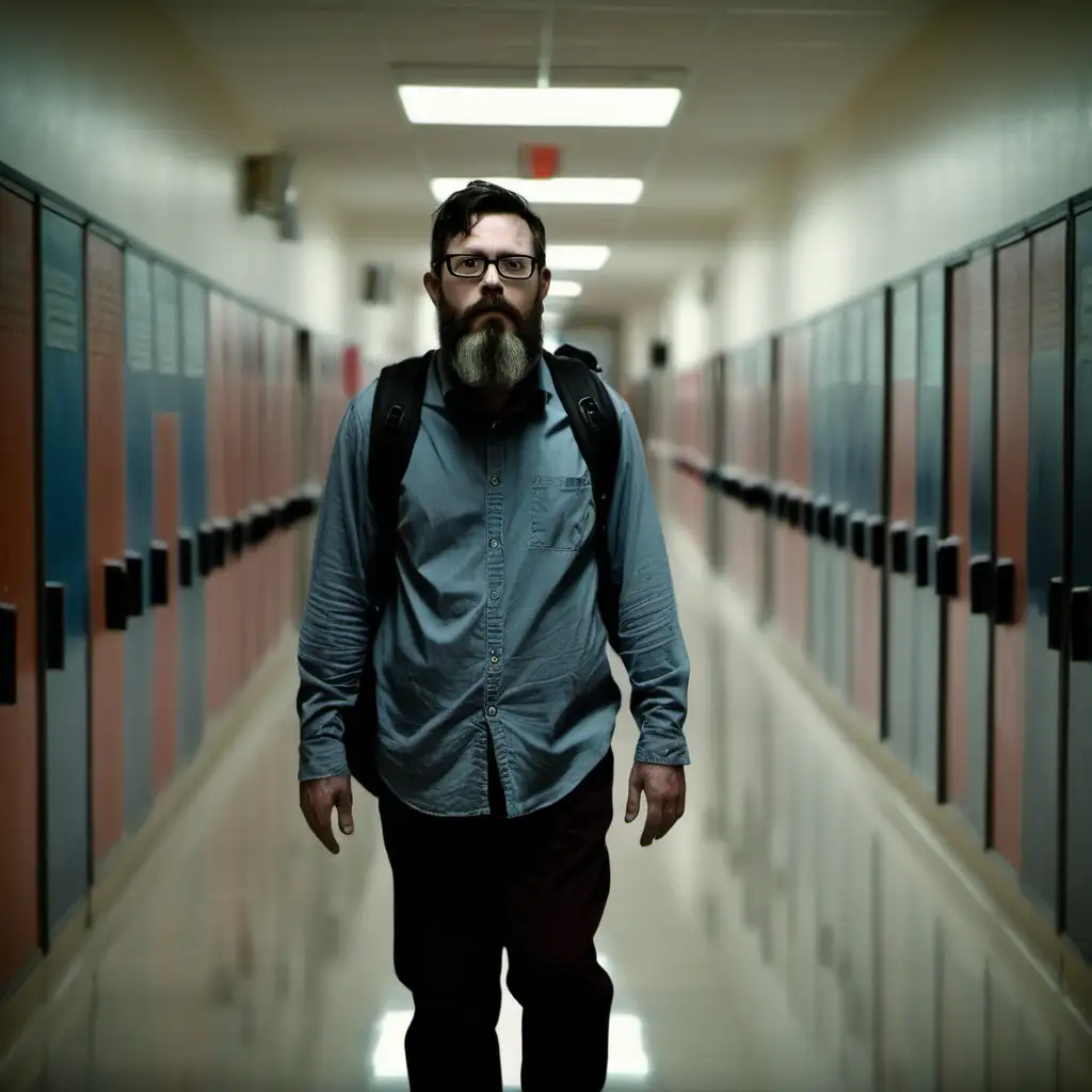 A bearded man with black rimmed glasses stands at the far end of a long, empty school hallway, littered with books and backpacks.