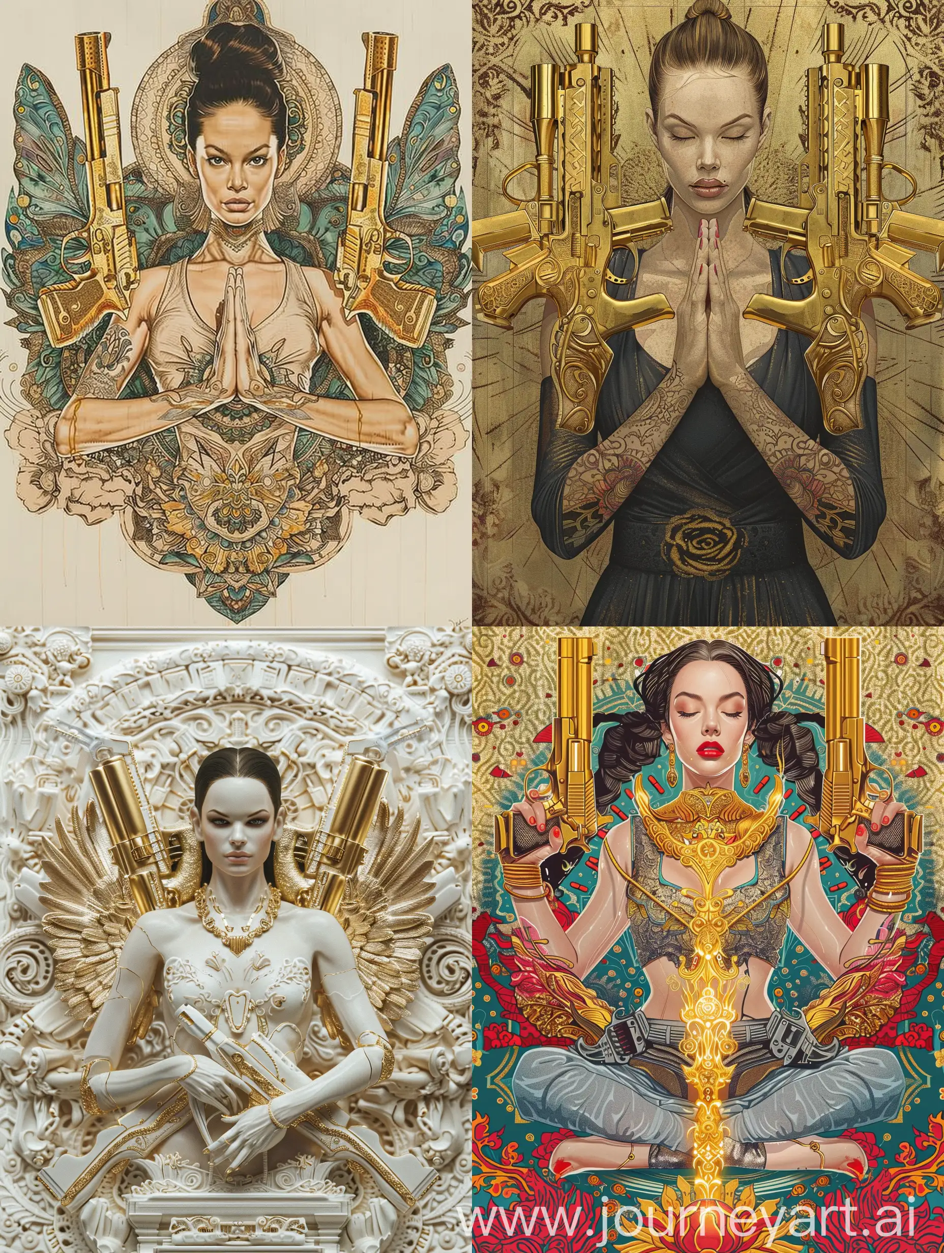 Angelina-Jolie-in-Lotus-Pose-with-Golden-Pistols-Intricate-Works-of-Tooth-Wu-Style-Art