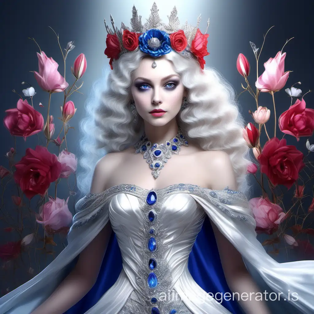 Silver white queen, staring elegantly, magical eyes, blue Sapphire dress, red and pink flowers