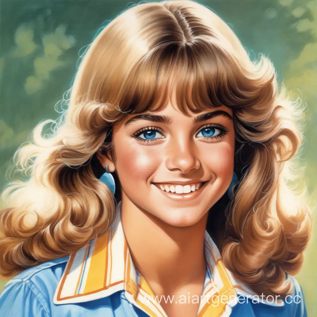 Молодая латиноамериканка со средними светлыми волосами и ярко голубыми глазами, яркой улыбкой, в одежде 1970 года