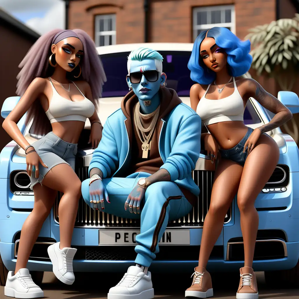 Skelton rapper with blue hair sitting on the front of a rolls royce cullinan with two brown skin girls standing next