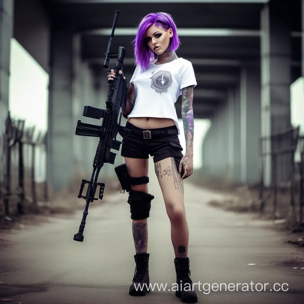 красивая девушка с фиолетовыми волосами, в татуировках, в коротких шортах, белой майке, в стиле игры playunknown battleground, в полный рост, с снайперской винтовкой