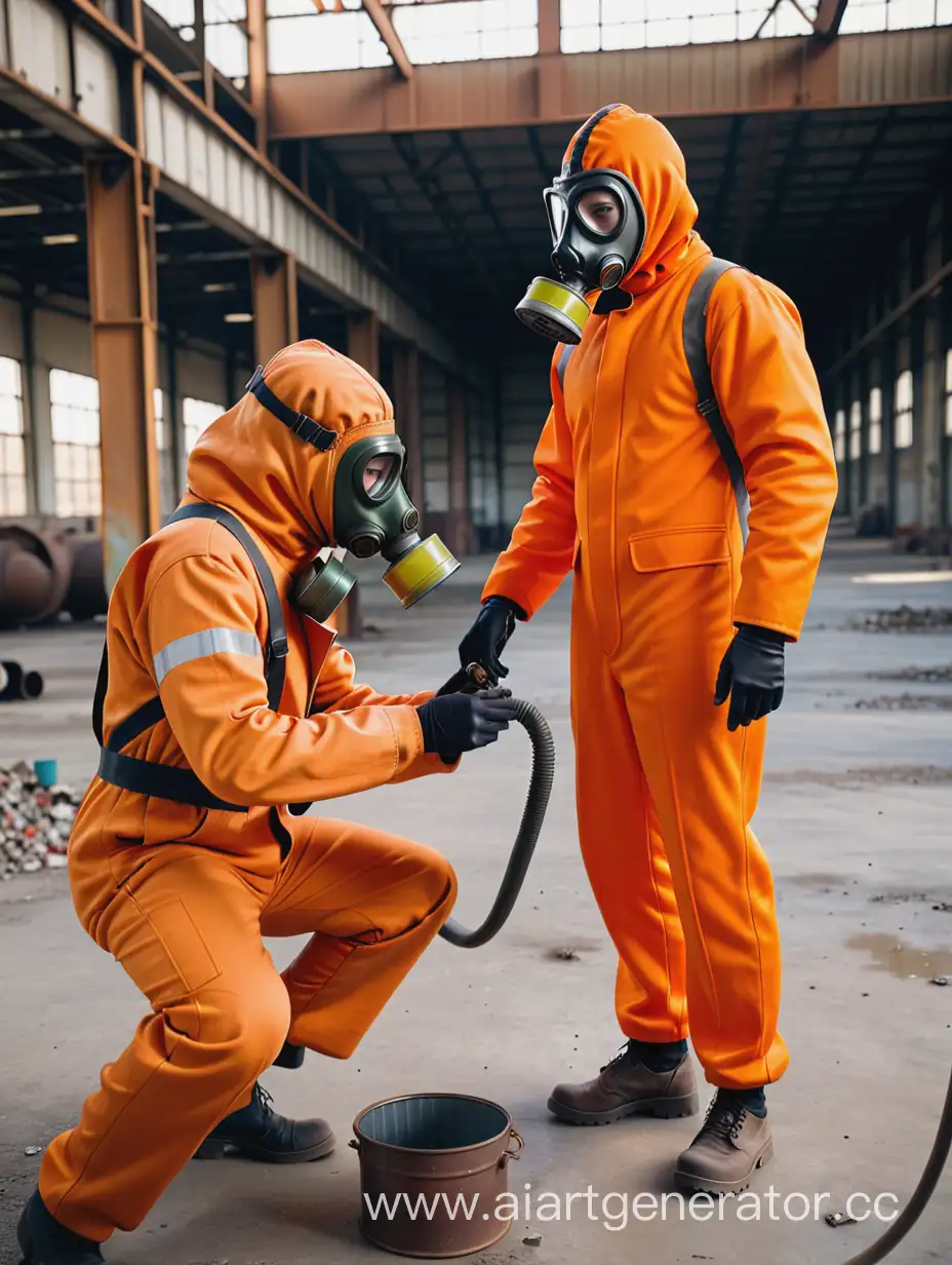 человек в ораньжевом костюме и с противогазом собирает метал с другом  по заброшеной фабрике