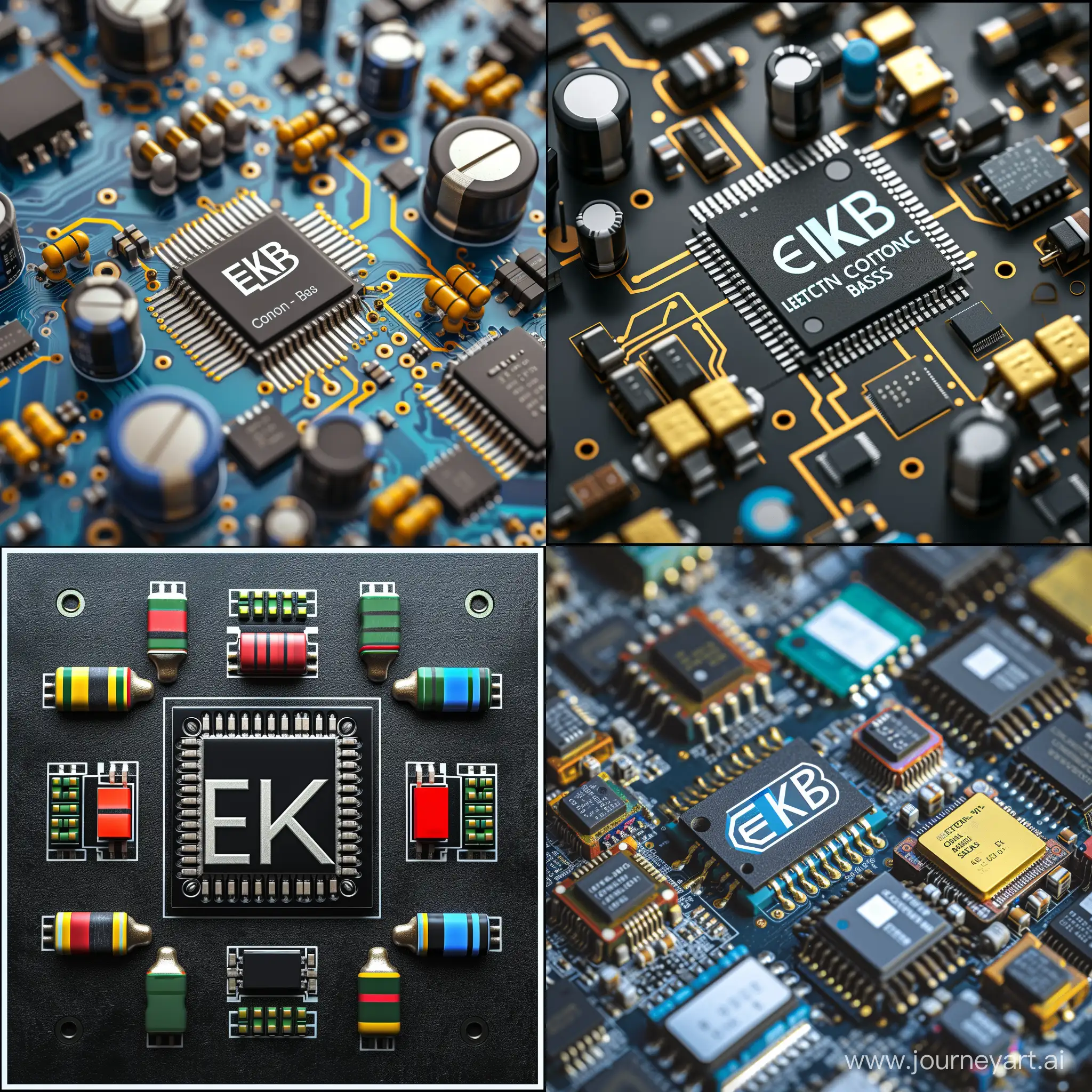 Варианты логотипа ЭКБ (Электронно-компонентная база) с микросхемой, резисторами или транзисторами 