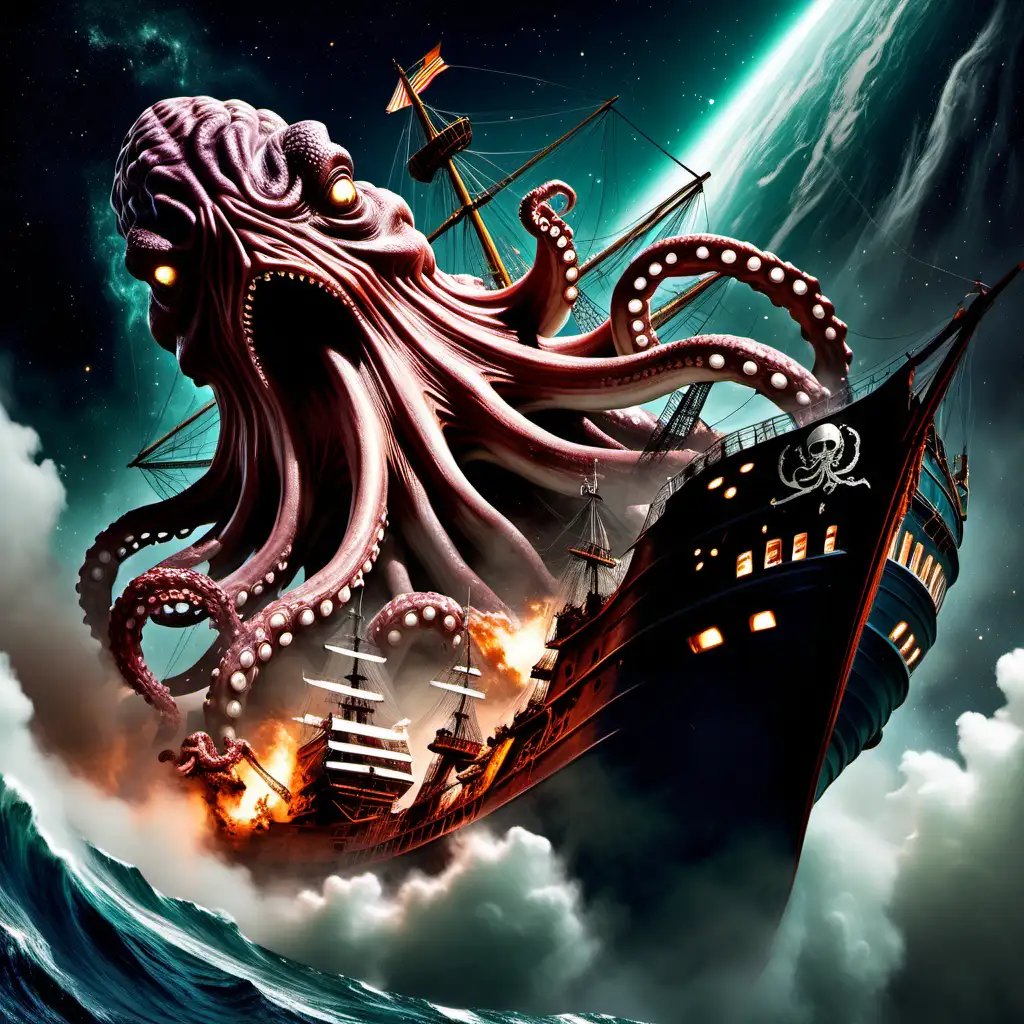 Space Kraken Engulfing Spanish Galleon in Cosmic Destruction