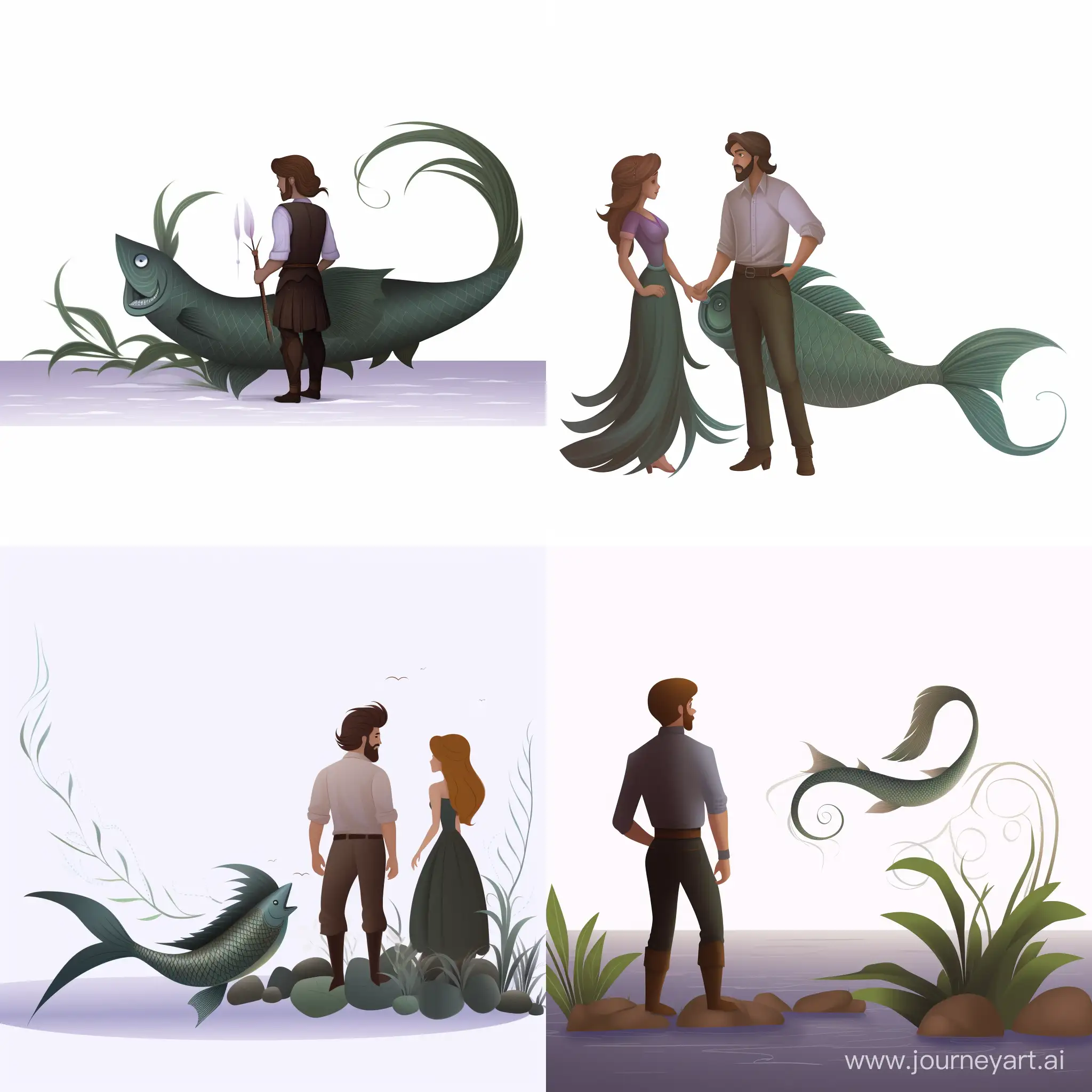 Beautiful adult mermaid with a fish tail talking to a small man with green skin, unkemptly dressed in a tattered shirt and pants with green leaves sticking out of them , on a white background, cartoon style