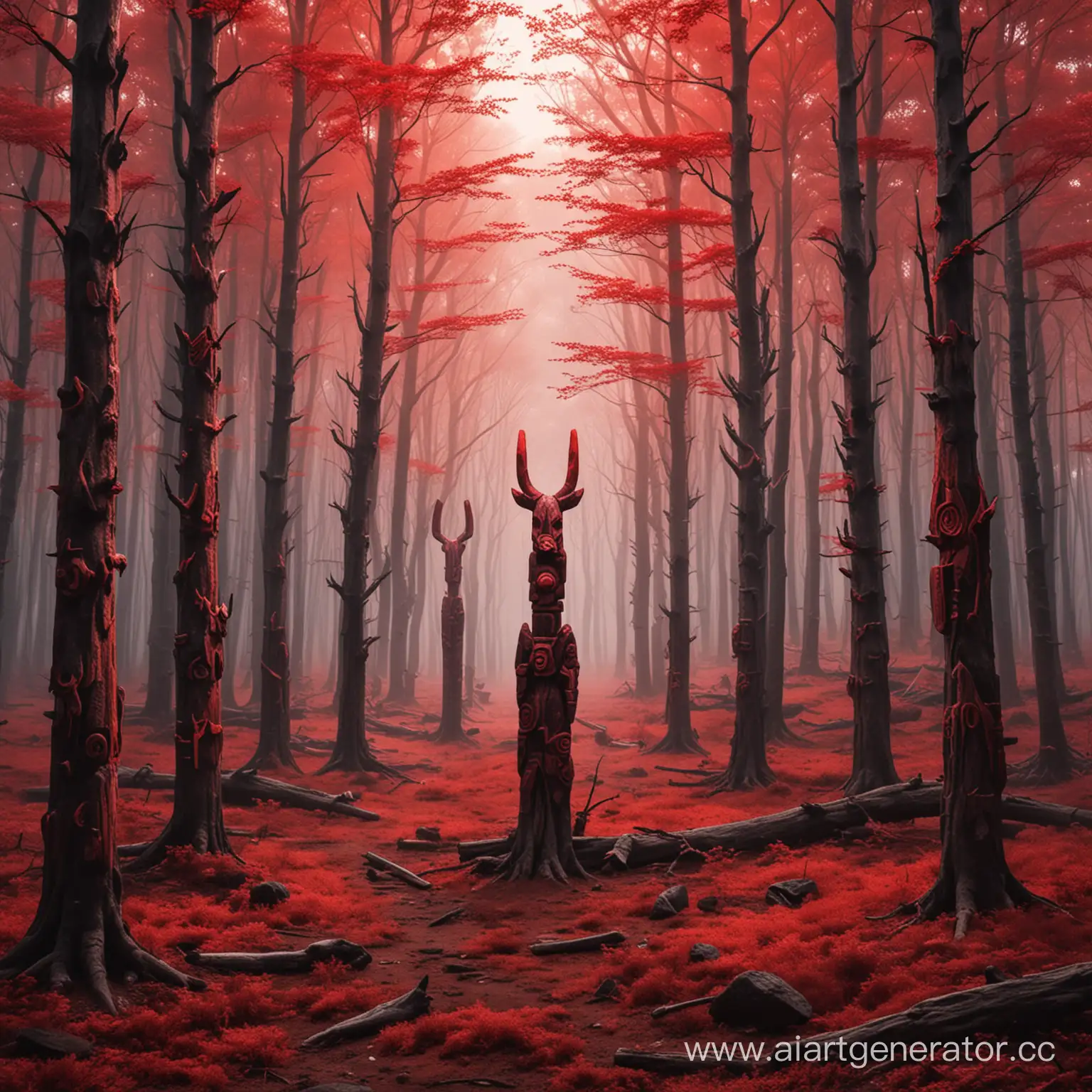 Eerie-Red-Forest-with-Mysterious-Totems