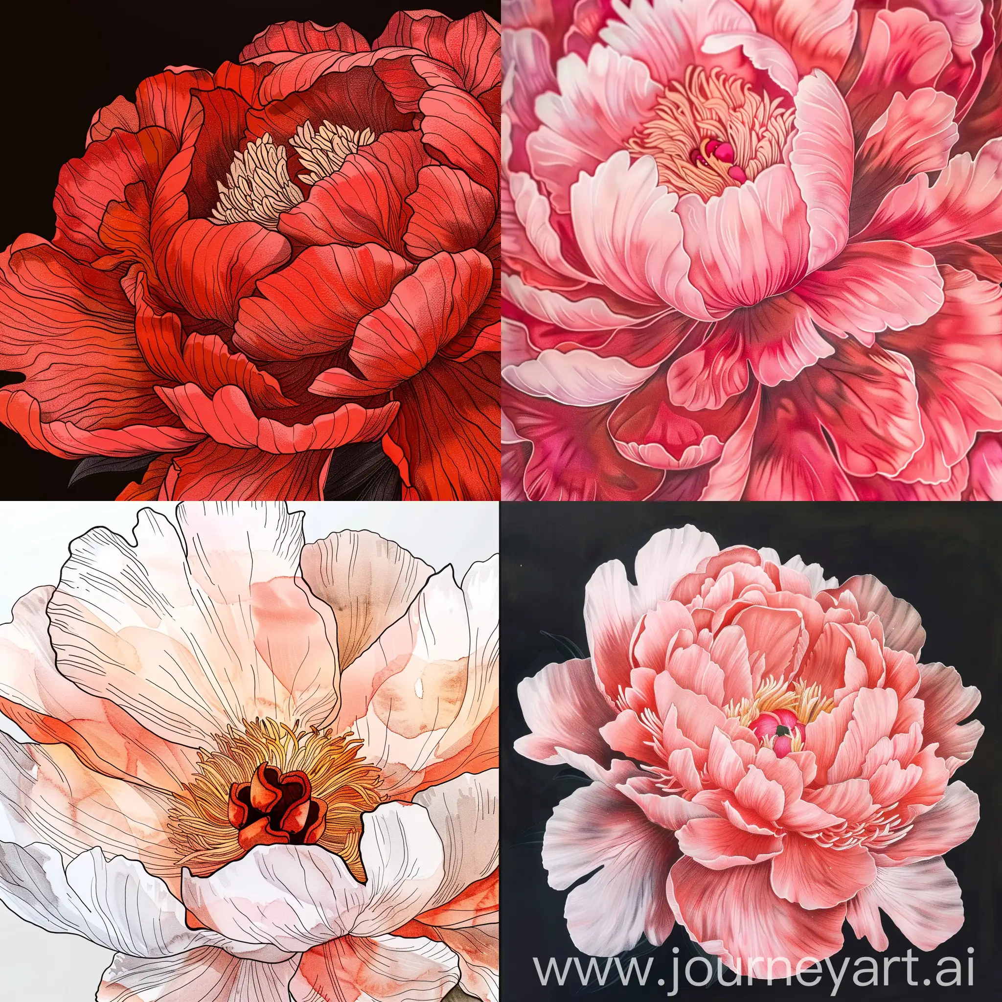 Close-up peony in style of marker illustration, HD, 8K