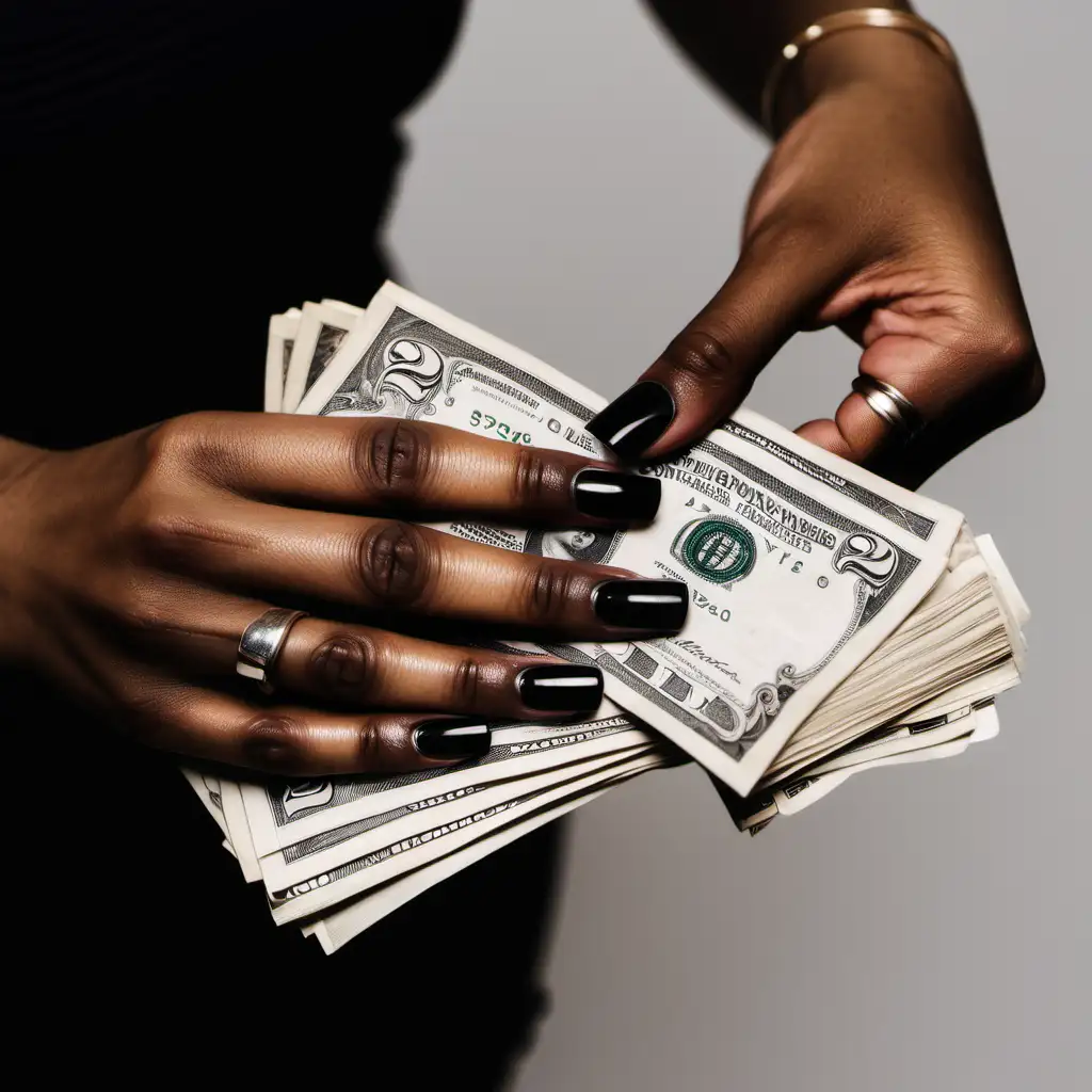 hands of a light
skinned black woman with black  nails holding a stack of us $2 bills