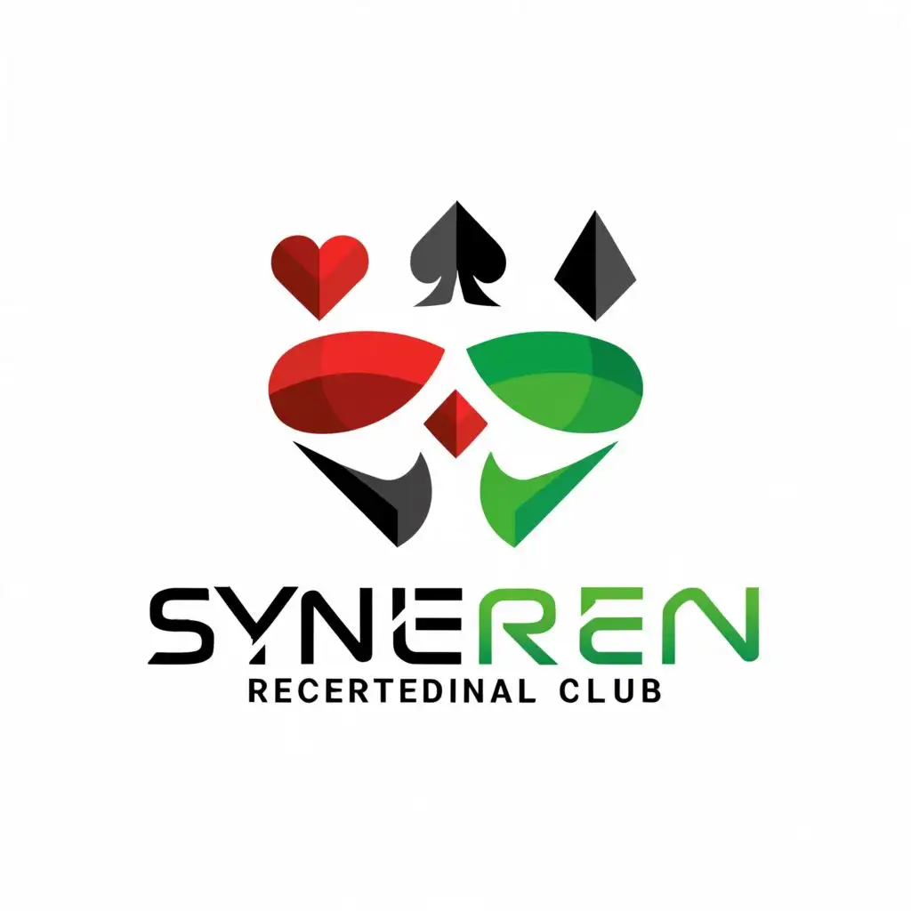a logo design,with the text "SYNERGEN Recreational Club", main symbol:Playing cards (heart, Spade, clubs, diamond) green,red,blue, black with recreational activities, fun,Moderate,be used in Sports Fitness industry,clear background