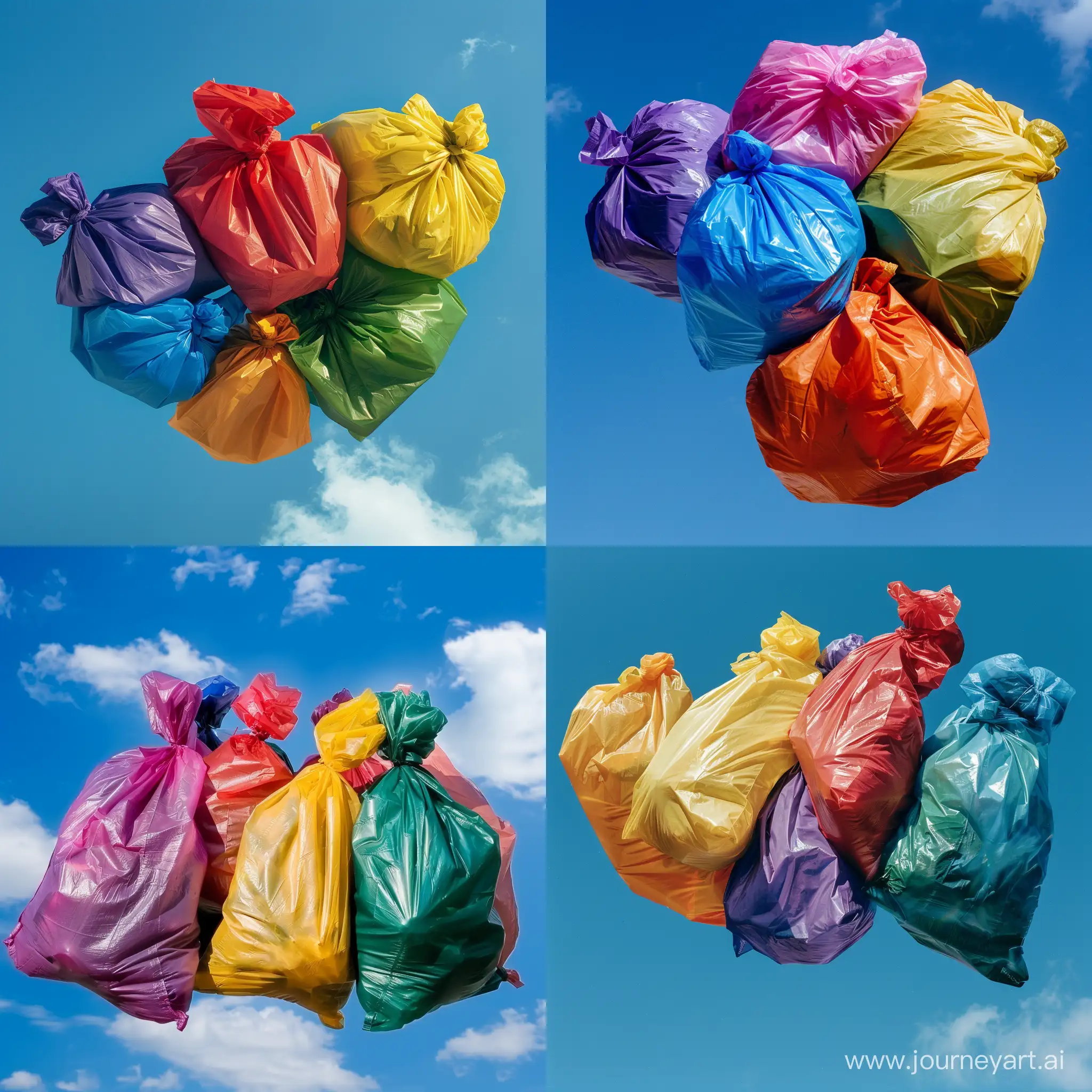 Colored garbage bags in the form of a bunch in the blue sky
