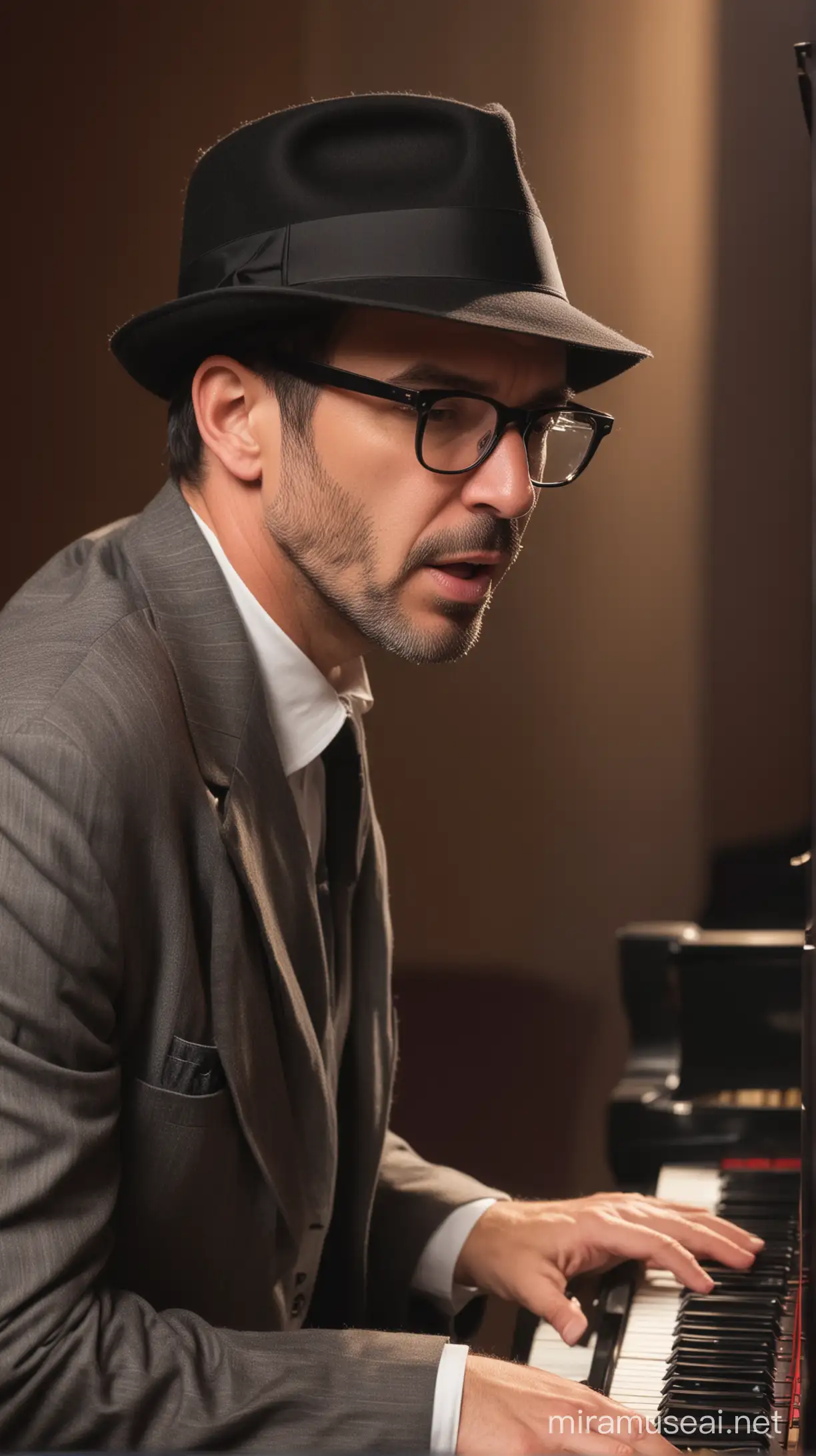 46 year old man, wearing glasses, wearing a fedora hat, playing the grand piano while singing sadly, facing the audience in front.