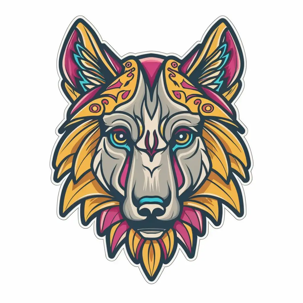 logo, t-shirt vector aztec [wolf head], colored in vector, Contour, Vector, White Background, no words, ultra  Detailed, ultra sharp narrow outlined image, no jagged edges,  vibrant neon colors,  typography, with the text ".", typography