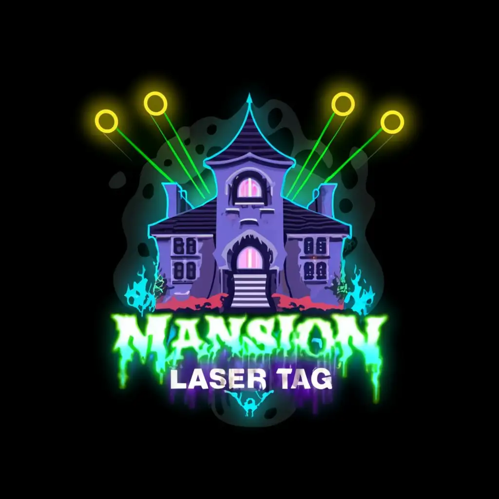 a logo design,with the text "THE MANSION LASER TAG", main symbol:NEED to include logo haunted-house and color is neon,Moderate,clear background