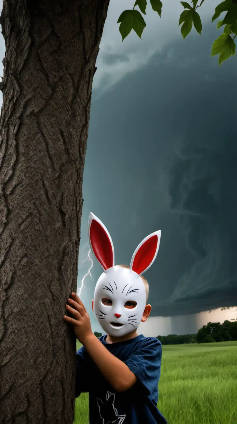 niño con mascara de conejo asomada detras de un arbol con tormenta y cielo gris

