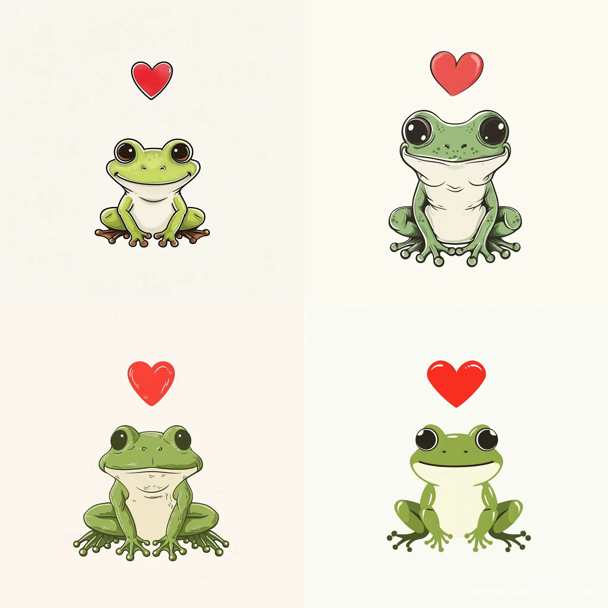 Cute minimalistic cartoon green frog on a white background, with a red heart above its head