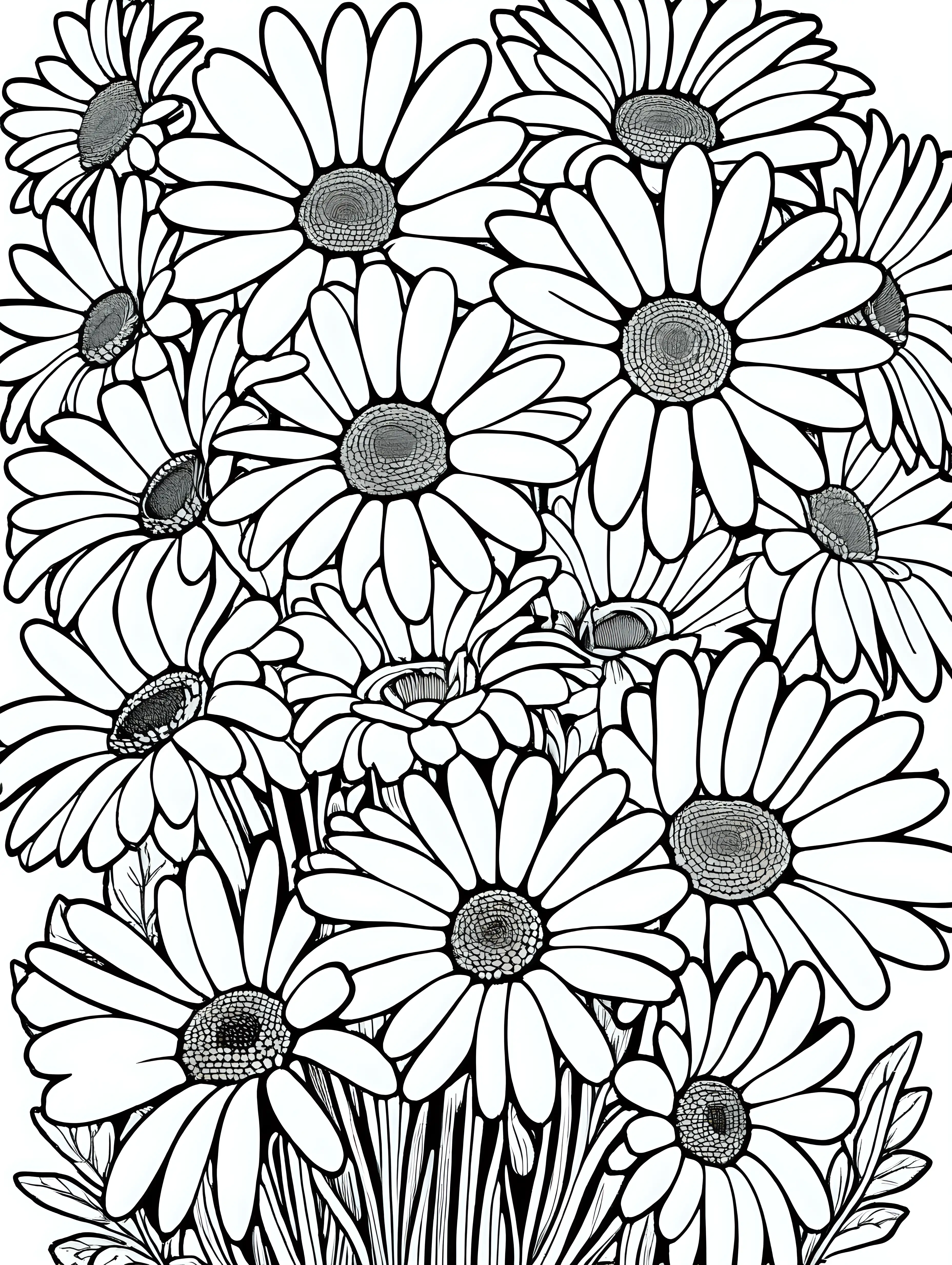 A arrangement of large daisy flowers filling the entire page black and white coloring page, cartoon style, thin lines, few details, no background, no shadows, no greys