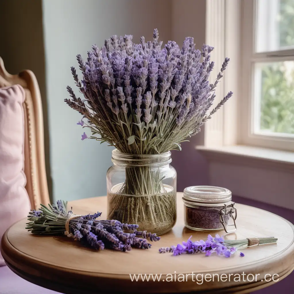 Elegant-Herb-Jar-and-Lavender-Bouquet-Adorning-a-Stylish-Round-Table