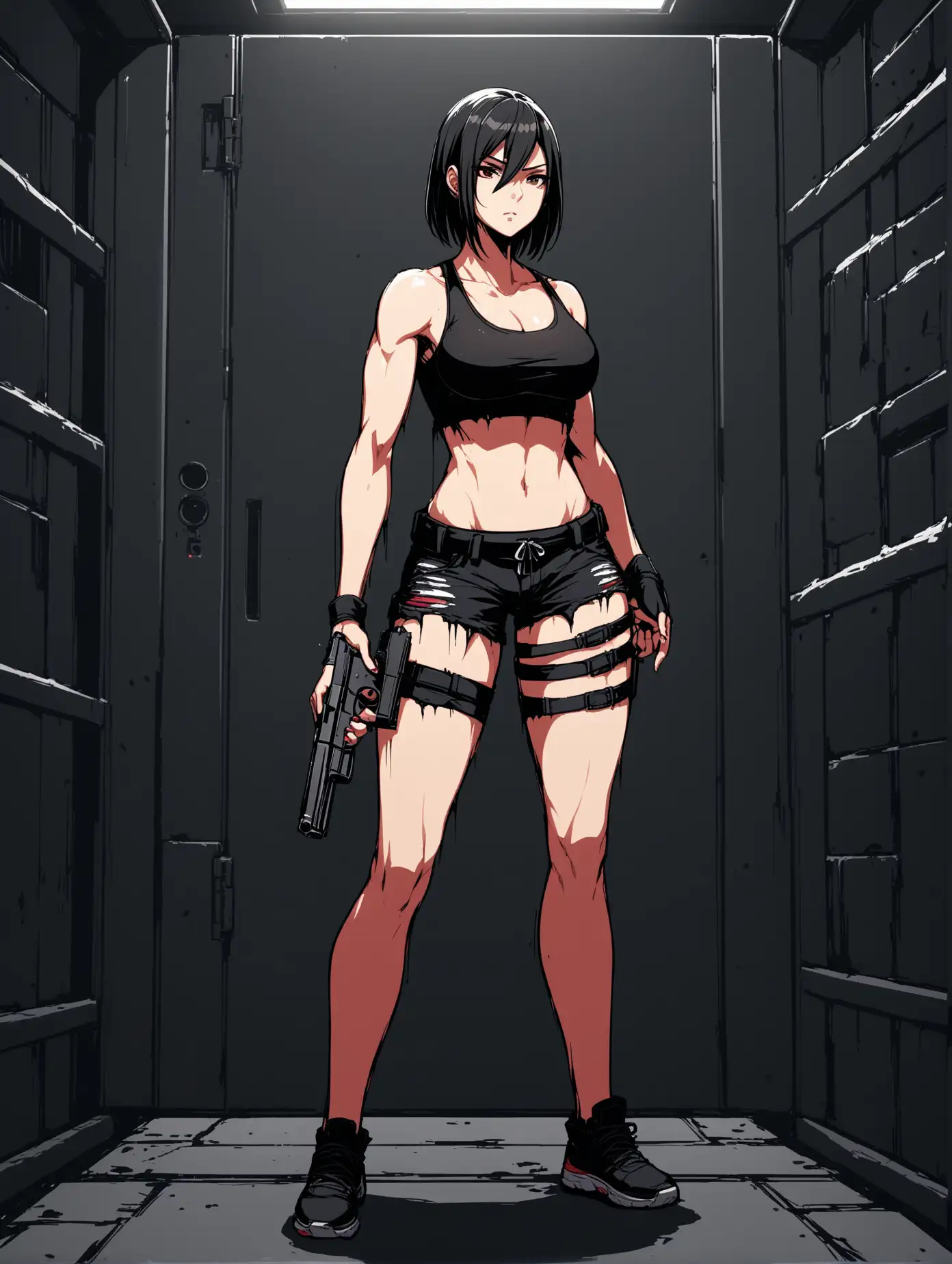 a female assassin character stands in her secret base, in her short black top, ripped black shorts, toned body, midriff, reloading her handgun, red black white 3 color minimal design