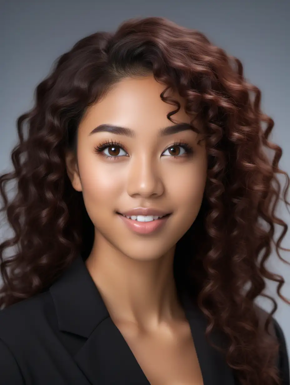 imagine a bi-racial 24 year old female real estate assistant with bright brown Asian eyes brown skin, soft curly hair, realistic