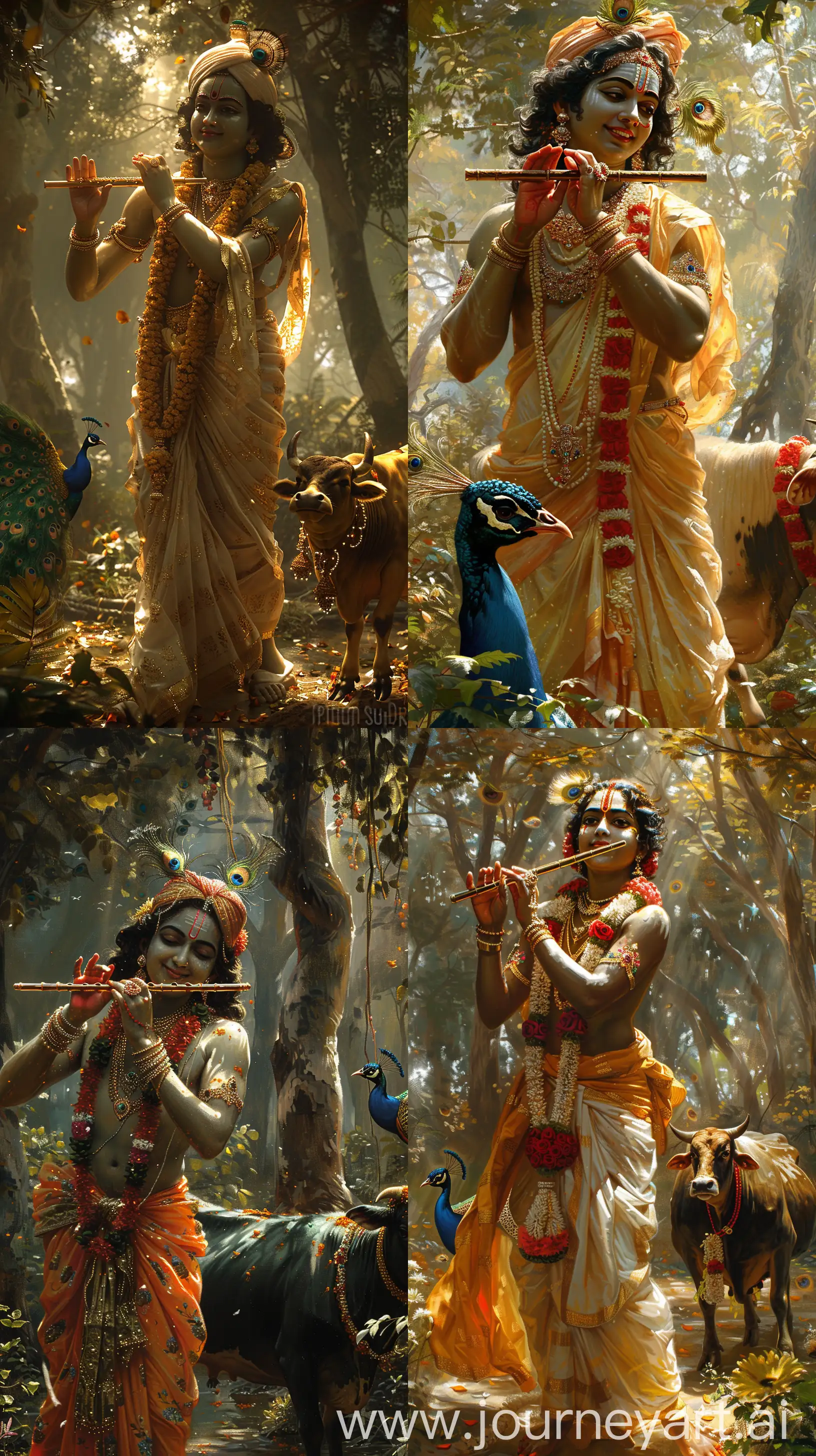 Divine-Lord-Krishna-Playing-Flute-with-Sacred-Cow-in-Tranquil-Forest