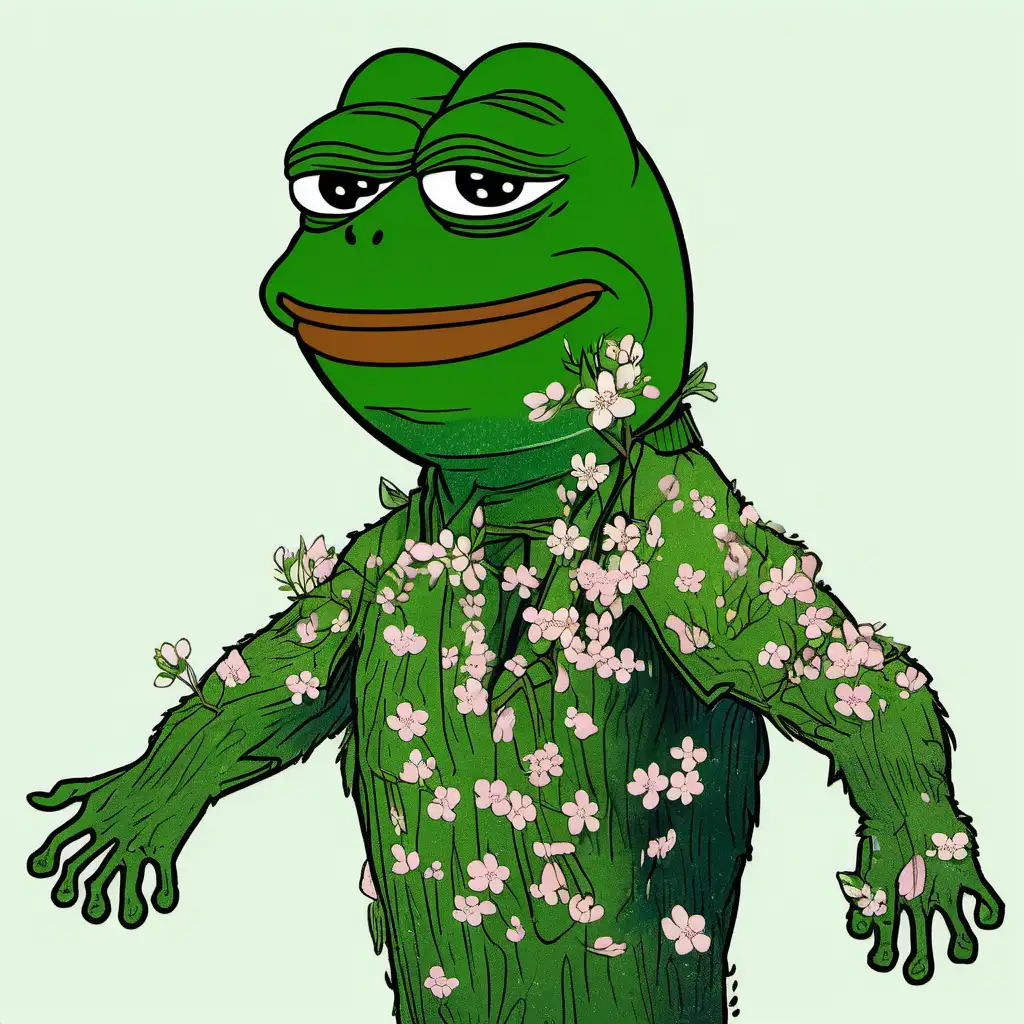  Pepe the frog in the forest with cherry blossoms around him 