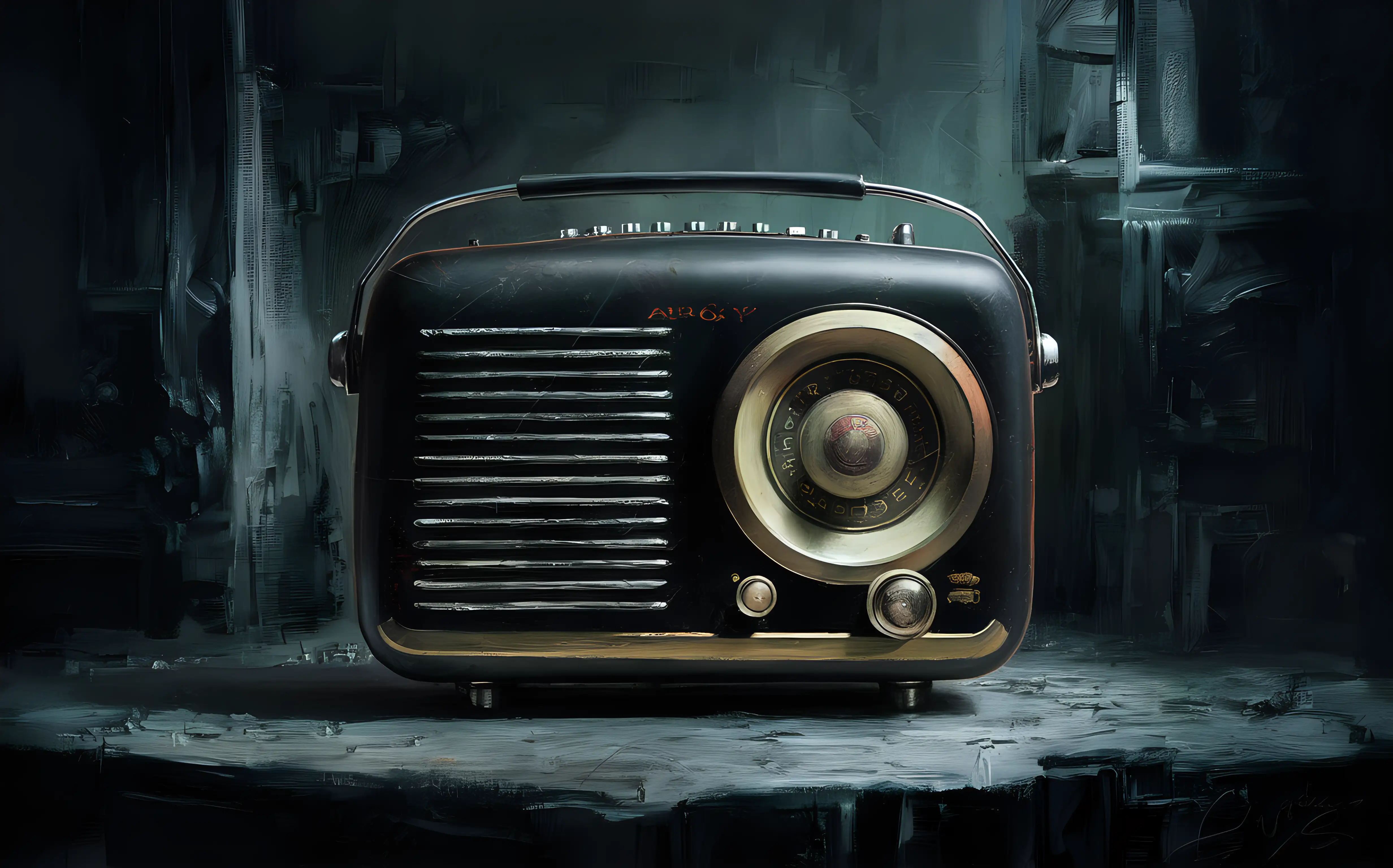 A painting in the style of Arshile Gorky of an old time radio against a dark background.