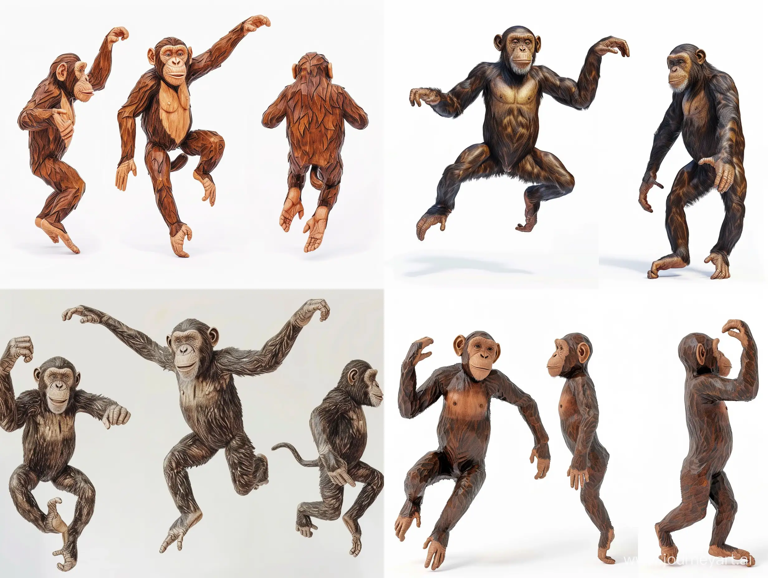 Professional sketch for wooden sculpture, a full-length chimpanzee jumping full-face and in profile, professional dynamic character, front back view and side view, wood carving, white background, 8k Render, ultra realistic