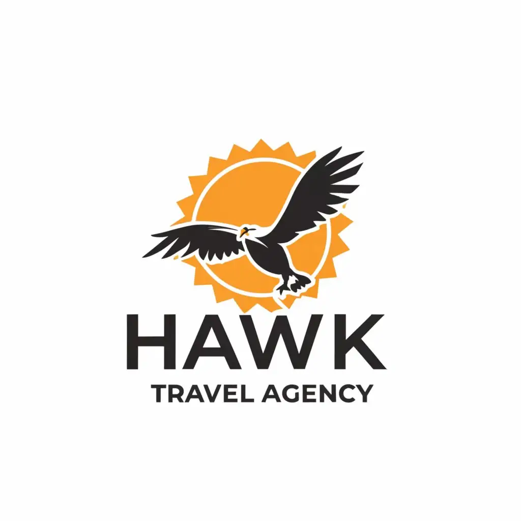 a logo design,with the text "Hawk travel agency", main symbol:Flying Eagle face facing the sky with sun in background and aeroplane flying,Minimalistic,be used in Travel industry,clear background