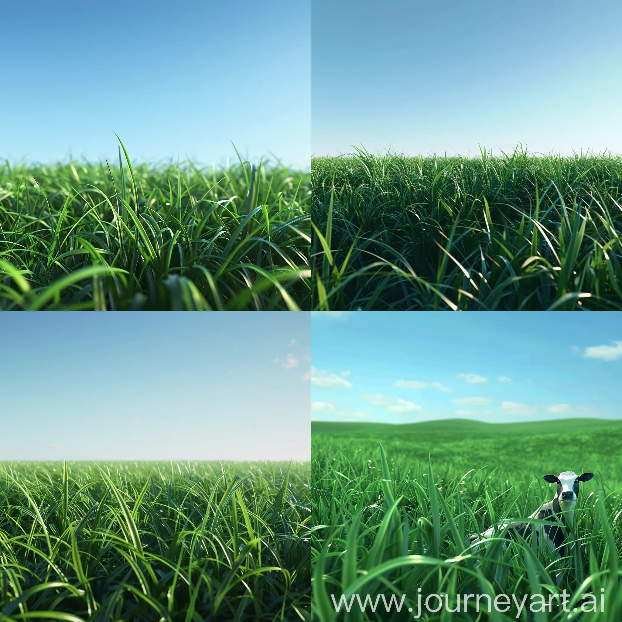 Create a photorealistic image with a natural grassland background in France, The scene should showcase lush green grass stretching into the distance, under a clear blue sky that radiates brightness and warmth. capturing the beauty and tranquility of the landscape as a high-quality milk source land.