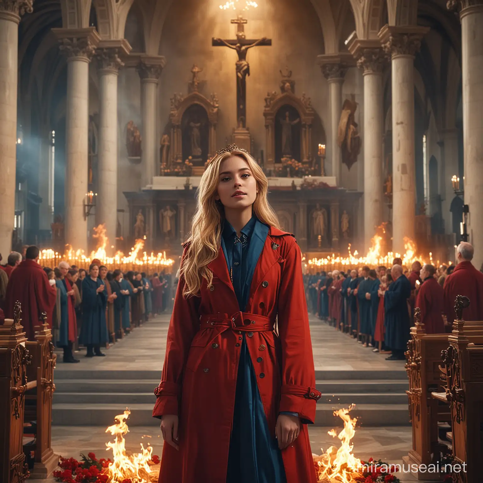 Teenage Empress Goddess in Blue Ensemble with Demonic Smile in Flaming Church Altar Scene