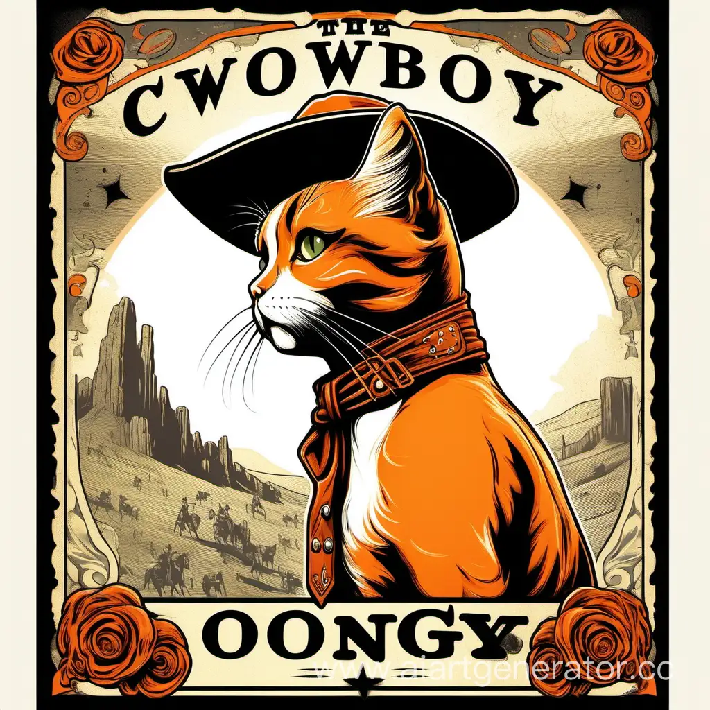 the side of cowboy orange 
cat on white background. tilize a vintage color scheme and intricate linework to capture the timeless aesthetic of vintage movie posters."
