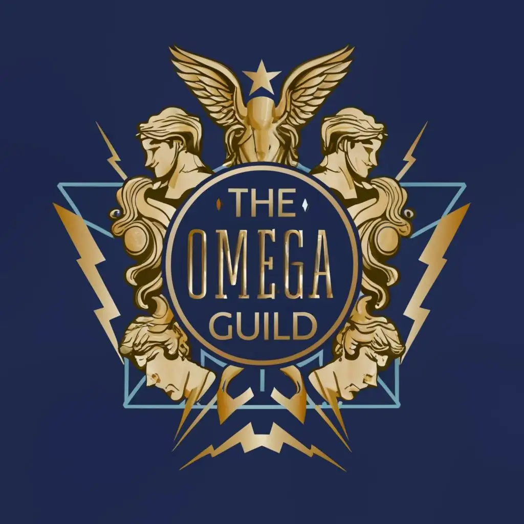 logo, 12 greek gods, gold and blue lightning bolts, with the text "The Omega Guild", typography, be used in Beauty Spa industry
