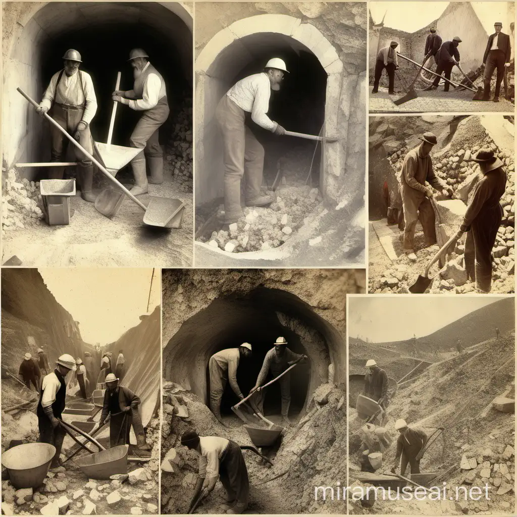 Collage of 4 photos, transportation of marble and people digging with pickaxes in mine. its historical 1800 year