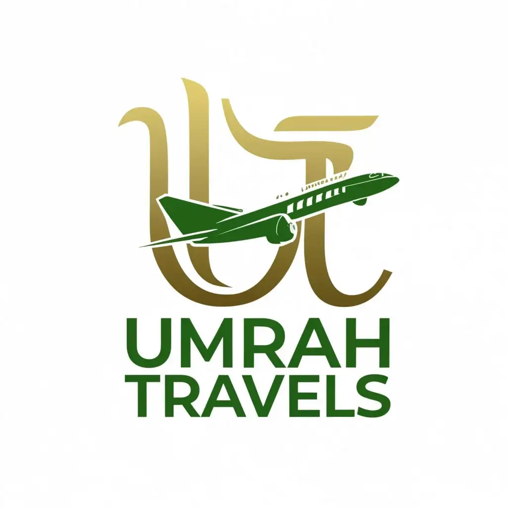 logo, The letter “U” and the letter “T”. Simple, with the text "Umrah travels", typography, add a letter  “T” next to the “u”. make this logo in the colors deepgreen, black and white.